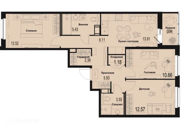 Планировка 3 комн. в ЖК ID Murino III (Ай ди Мурино III)