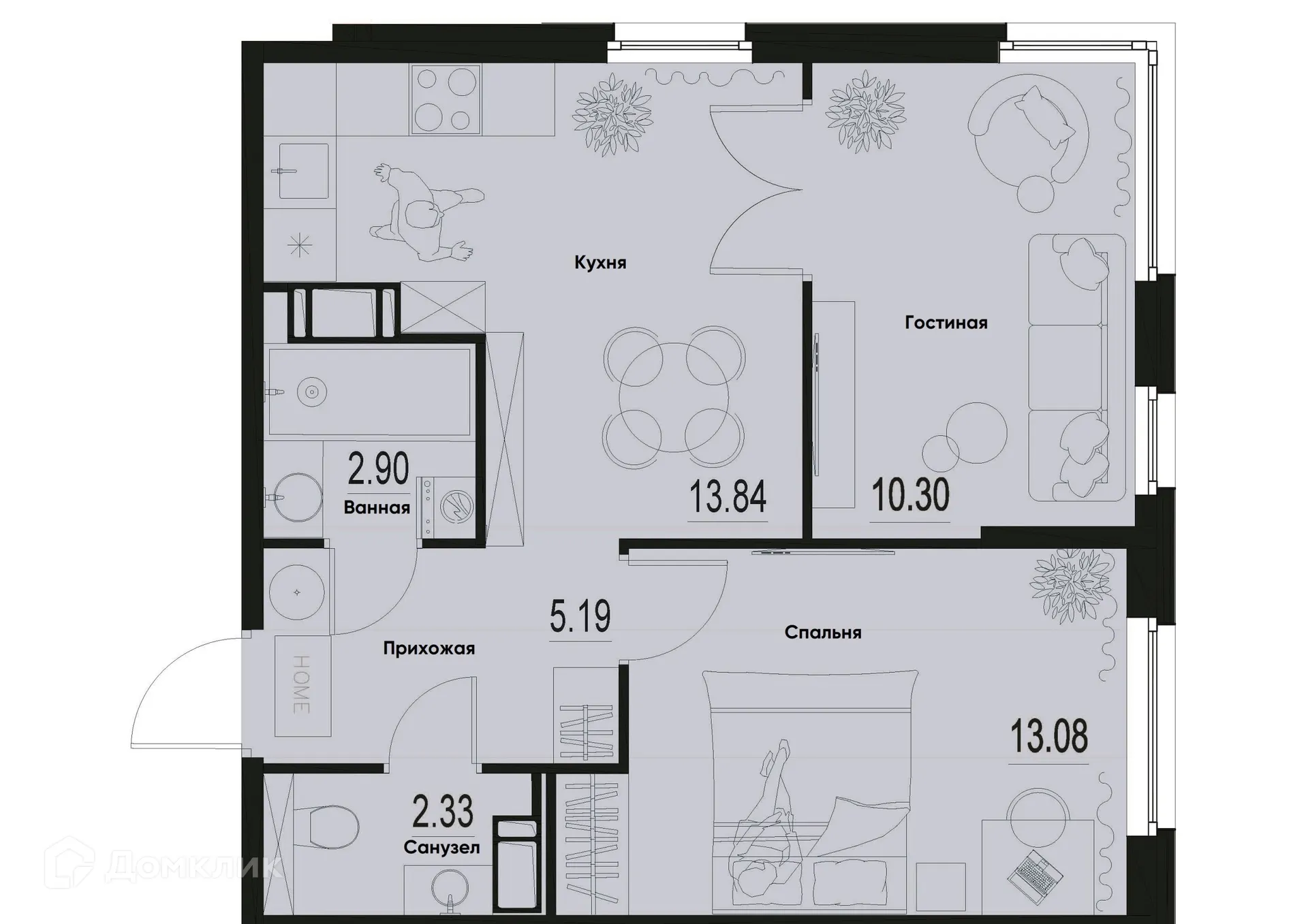 Планировка 2-комнатной квартиры 47.64 м² в ЖК ID Murino III (Ай ди Мурино III), г. Мурино — фото 1