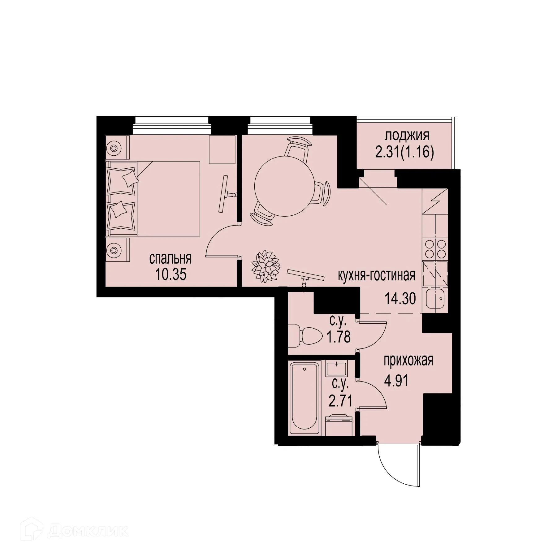 Планировка 1-комнатной квартиры 35.21 м² в ЖК ID Murino III (Ай ди Мурино III), г. Мурино — фото 1