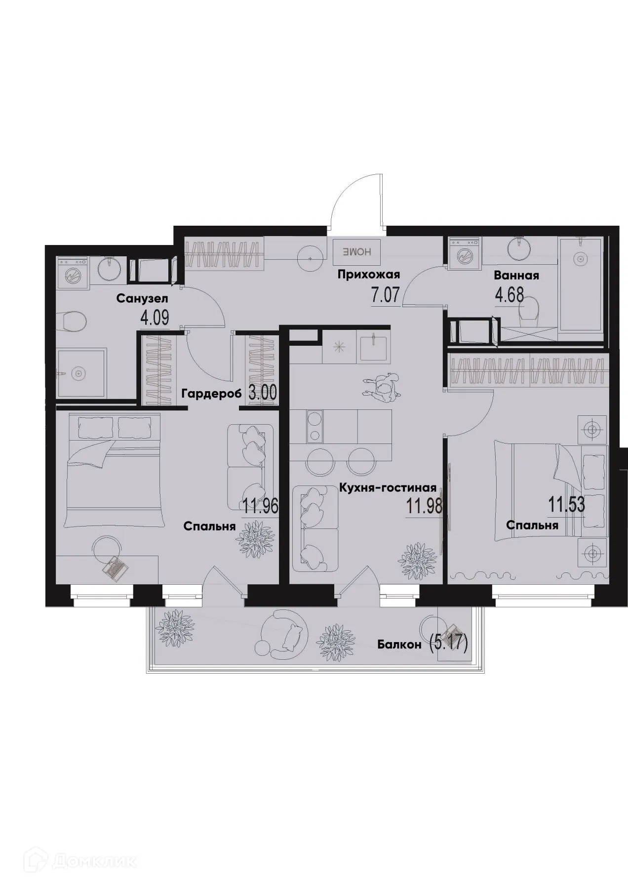 Планировка 2-комнатной квартиры 55.86 м² в ЖК ID Murino III (Ай ди Мурино III), г. Мурино — фото 1