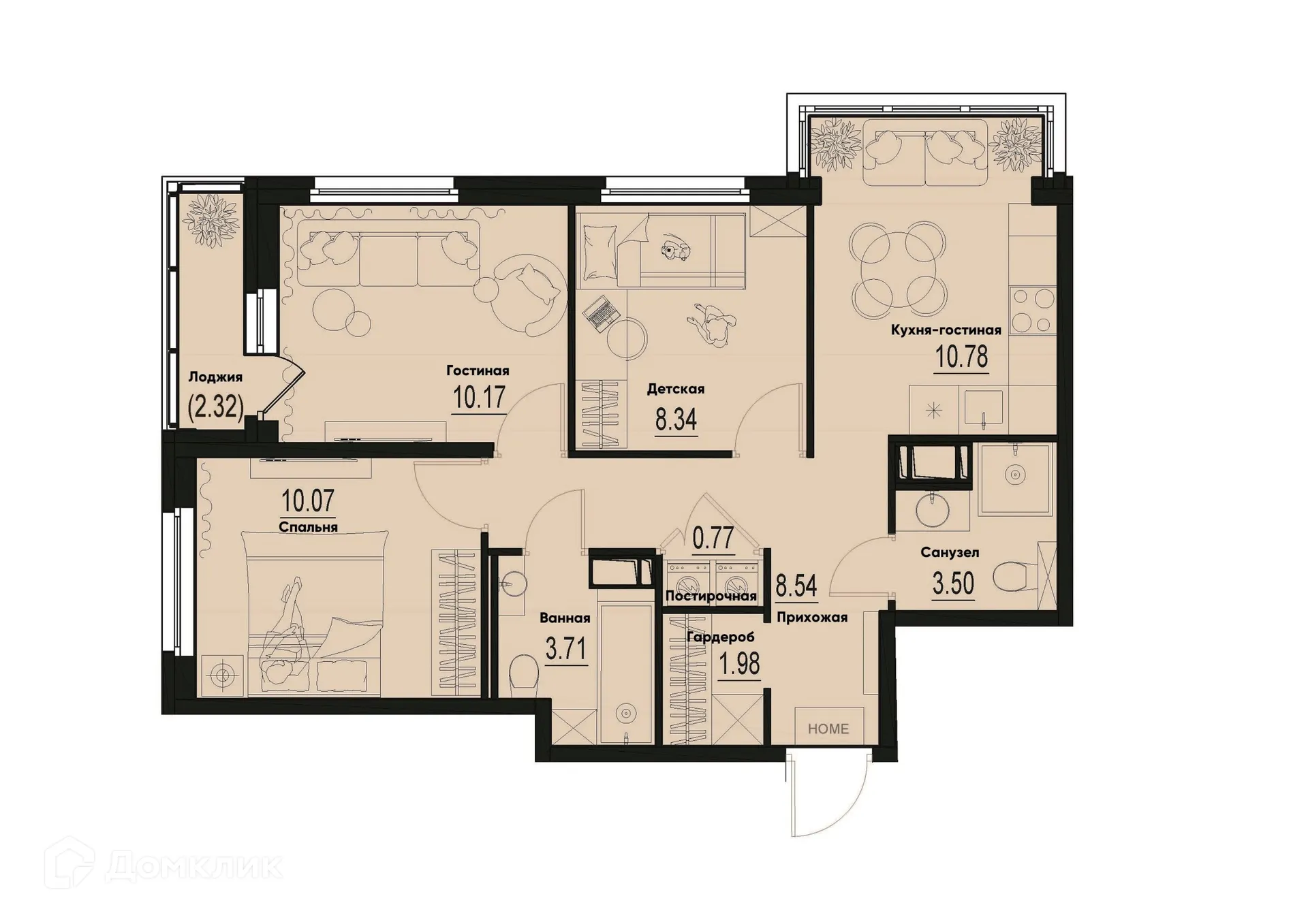 Планировка 3-комнатной квартиры 59.02 м² в ЖК ID Murino III (Ай ди Мурино III), г. Мурино — фото 1