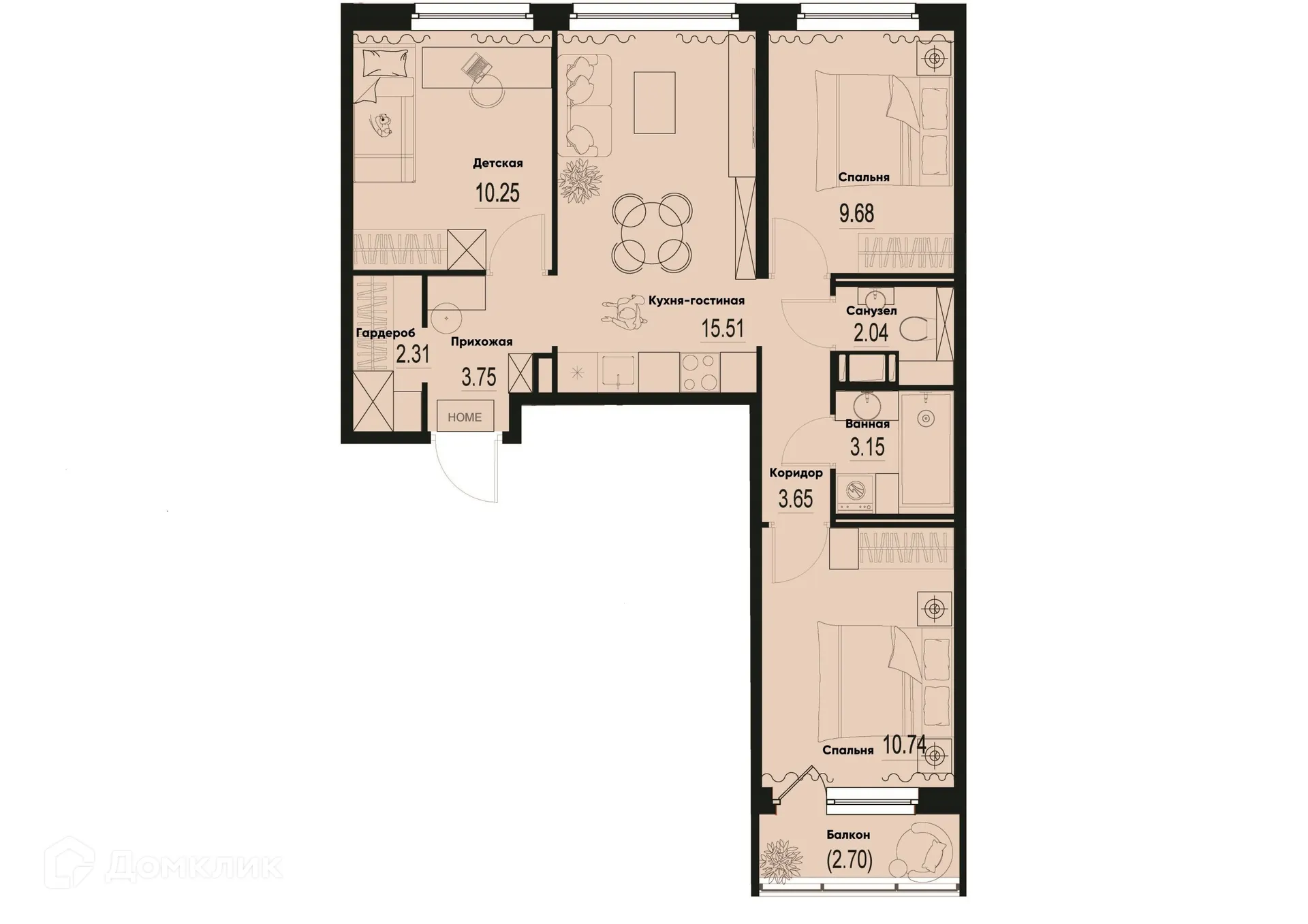 Планировка 3-комнатной квартиры 61.89 м² в ЖК ID Murino III (Ай ди Мурино III), г. Мурино — фото 1
