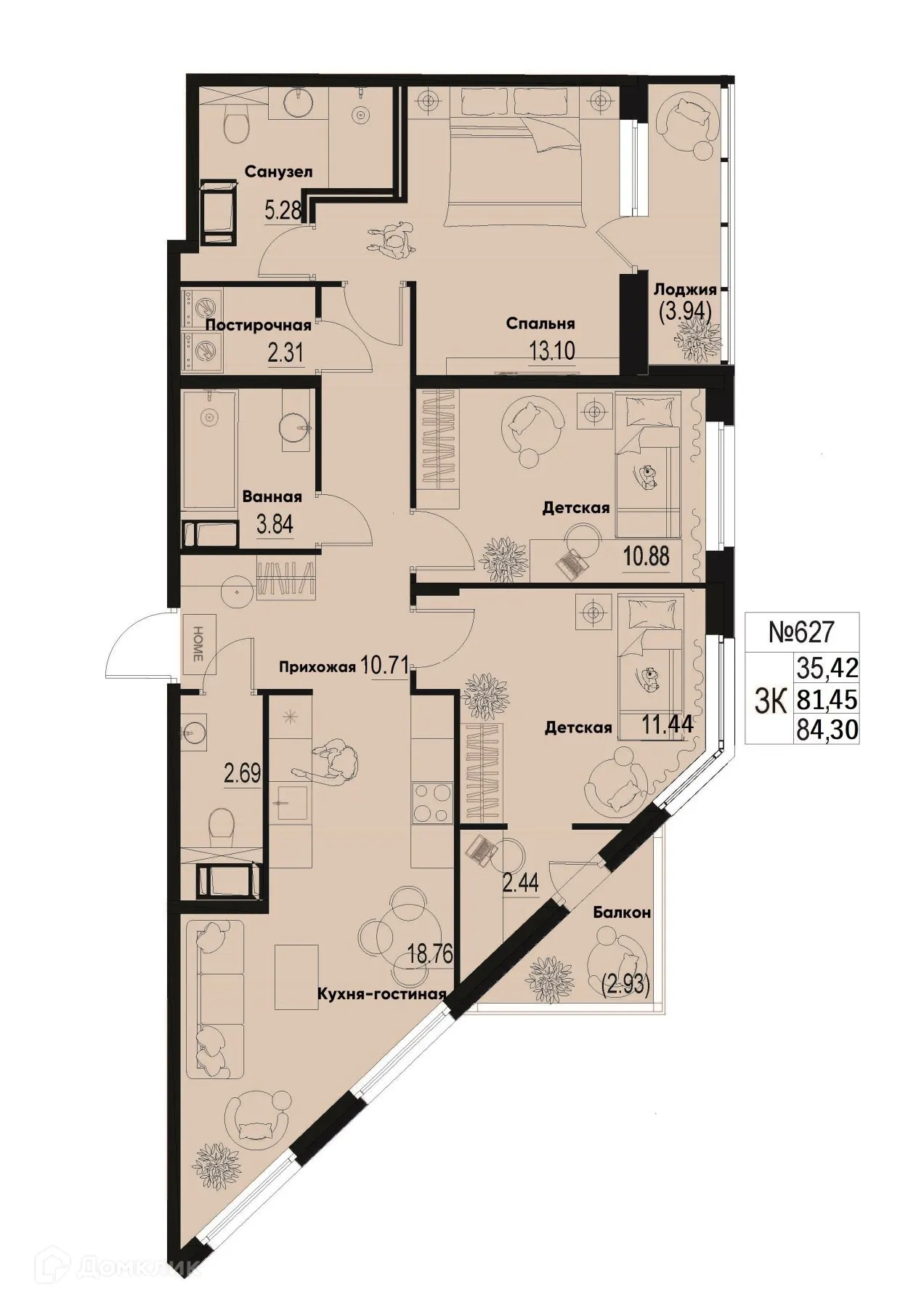 Планировка 3-комнатной квартиры 84.3 м² в ЖК ID Murino III (Ай ди Мурино III), г. Мурино — фото 1