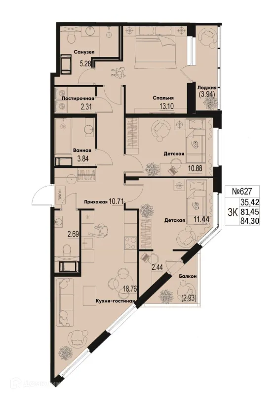 Планировка 3 комн. в ЖК ID Murino III (Ай ди Мурино III)