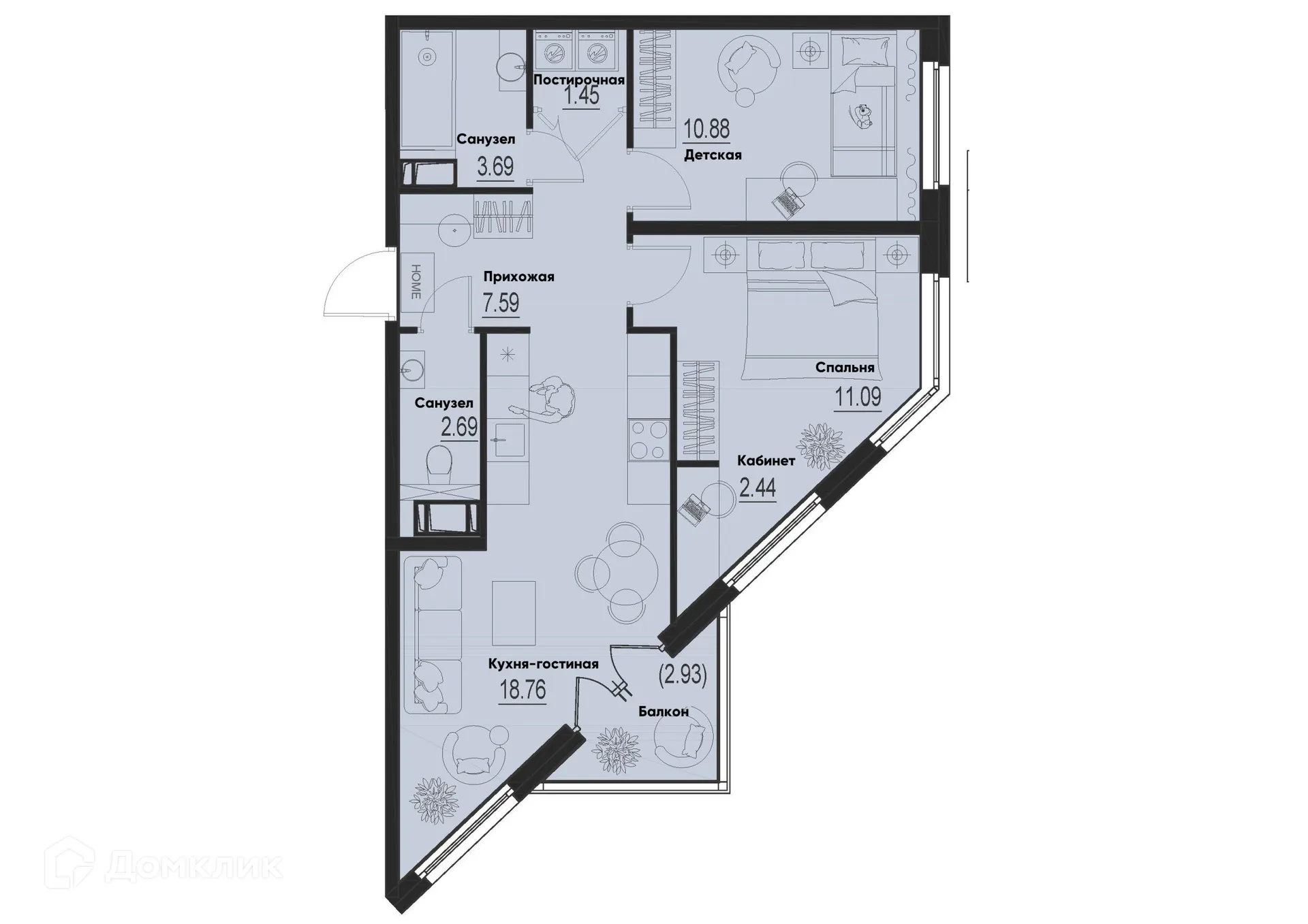 Планировка 2-комнатной квартиры 59.47 м² в ЖК ID Murino III (Ай ди Мурино III), г. Мурино — фото 1
