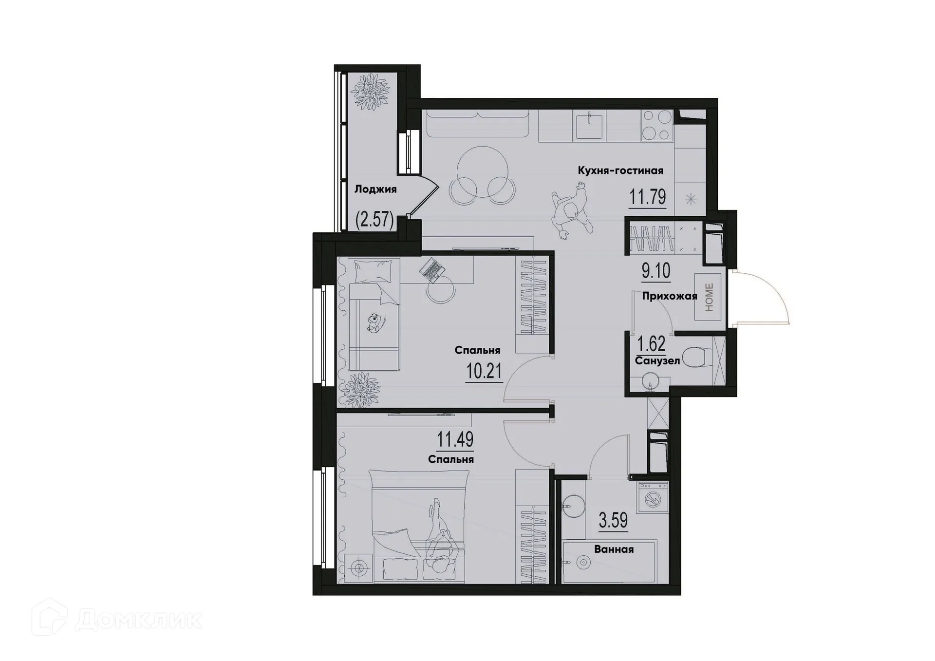 Планировка 2-комнатной квартиры 49.08 м² в ЖК ID Murino III (Ай ди Мурино III), г. Мурино — фото 1