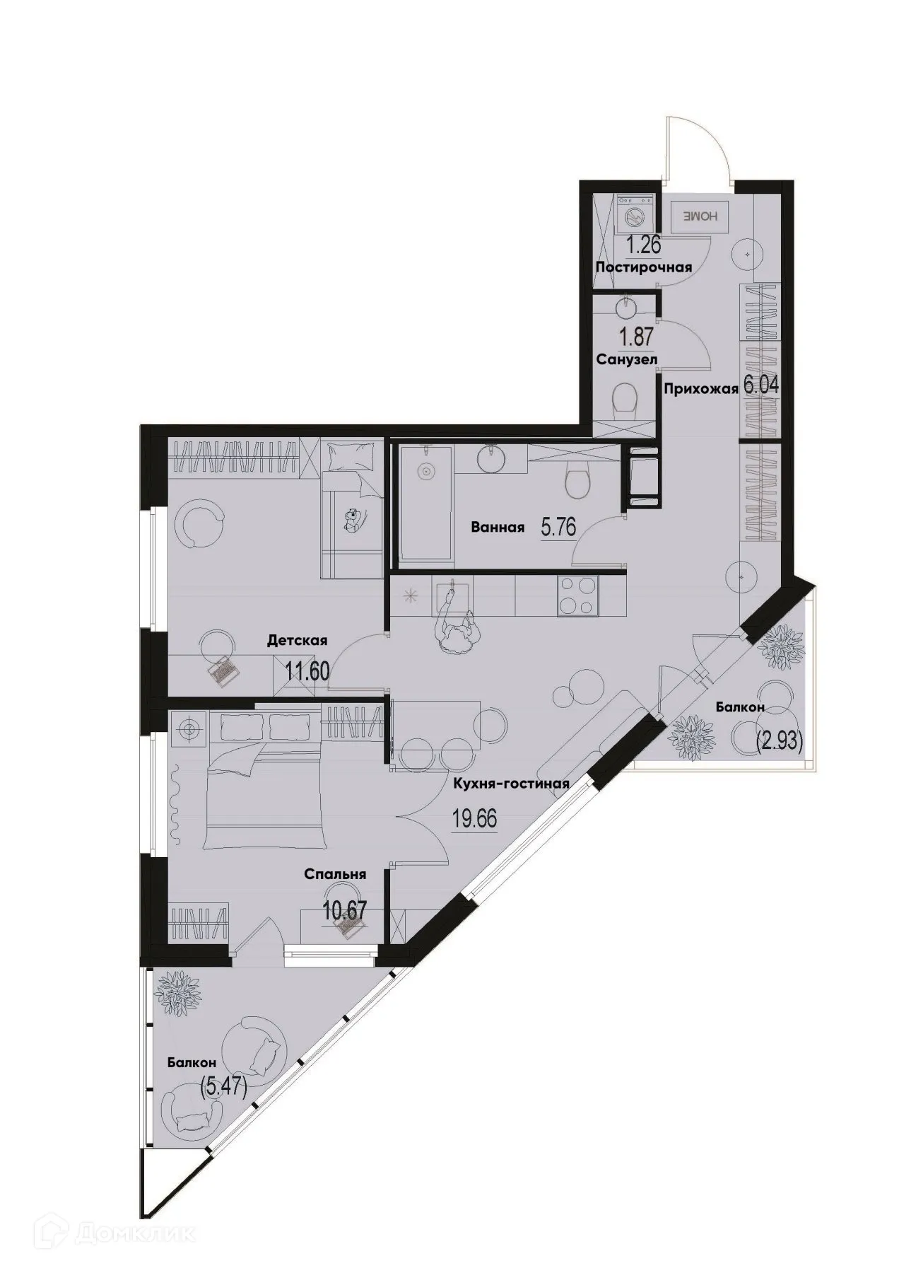 Планировка 2-комнатной квартиры 59.38 м² в ЖК ID Murino III (Ай ди Мурино III), г. Мурино — фото 1