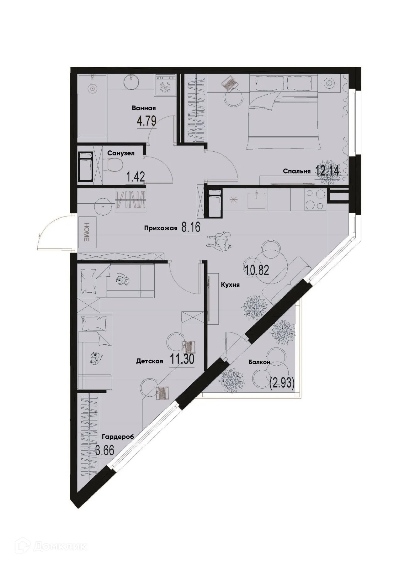 Планировка 2-комнатной квартиры 53.17 м² в ЖК ID Murino III (Ай ди Мурино III), г. Мурино — фото 1