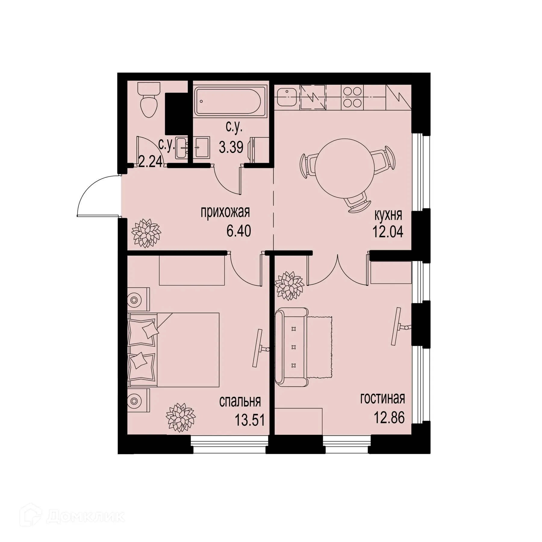 Планировка 2-комнатной квартиры 50.44 м² в ЖК ID Murino III (Ай ди Мурино III), г. Мурино — фото 1