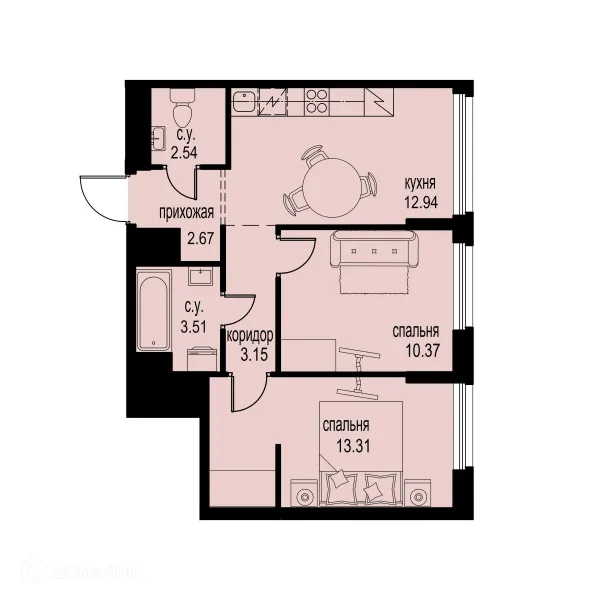 Планировка 2 комн. в ЖК ID Murino III (Ай ди Мурино III)