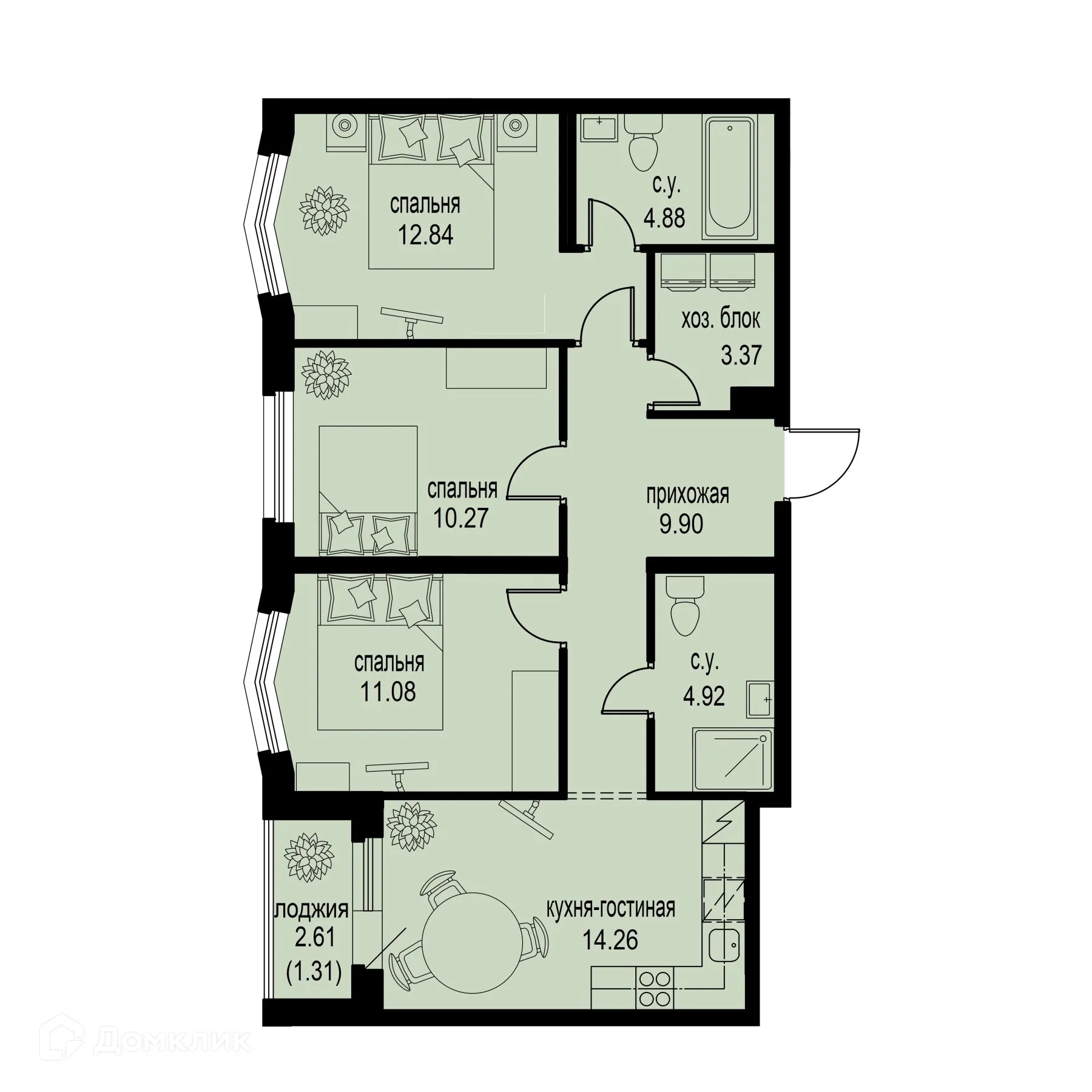 Планировка 3-комнатной квартиры 72.83 м² в ЖК ID Murino III (Ай ди Мурино III), г. Мурино — фото 1