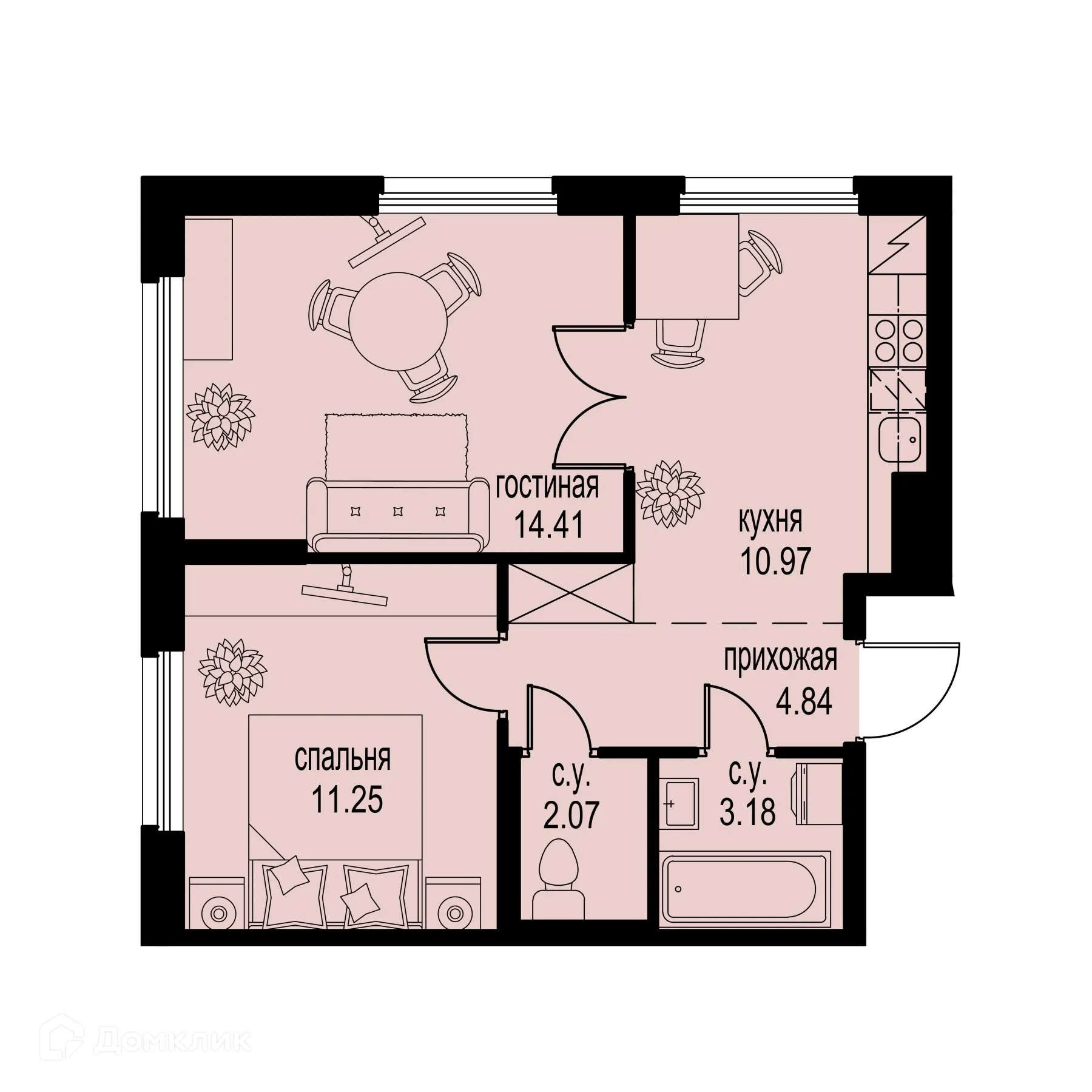 Планировка 2-комнатной квартиры 46.72 м² в ЖК ID Murino III (Ай ди Мурино III), г. Мурино — фото 1