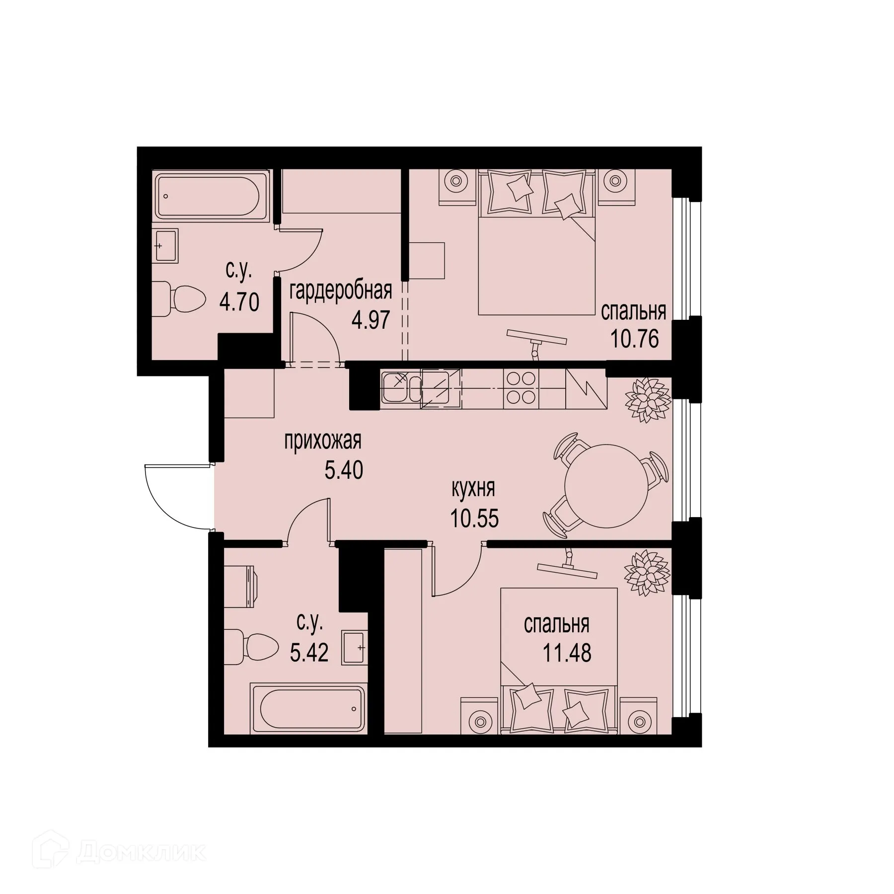 Планировка 2-комнатной квартиры 53.28 м² в ЖК ID Murino III (Ай ди Мурино III), г. Мурино — фото 1