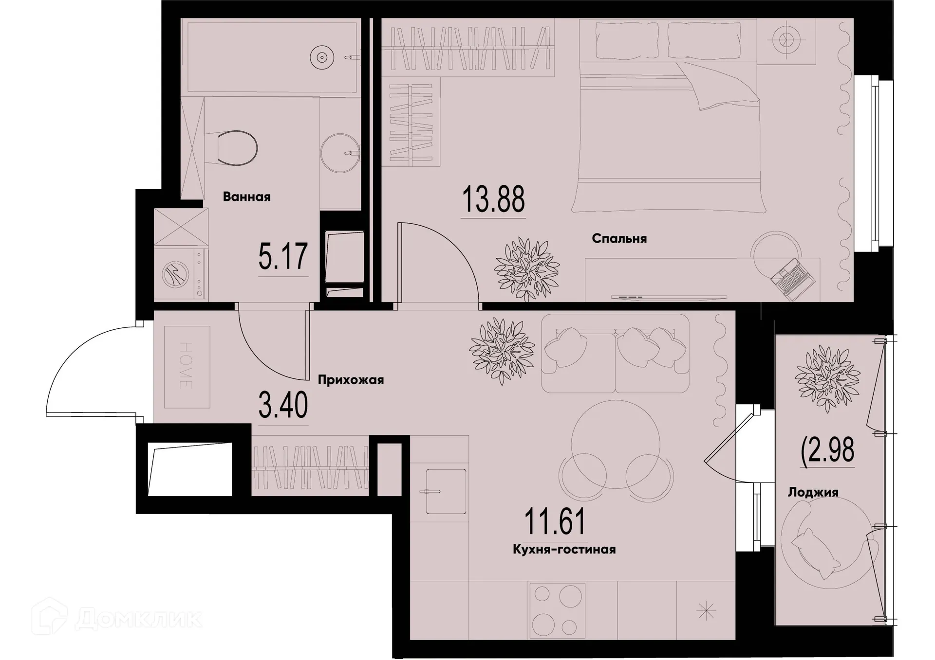 Планировка 1-комнатной квартиры 35.55 м² в ЖК ID Murino III (Ай ди Мурино III), г. Мурино — фото 1