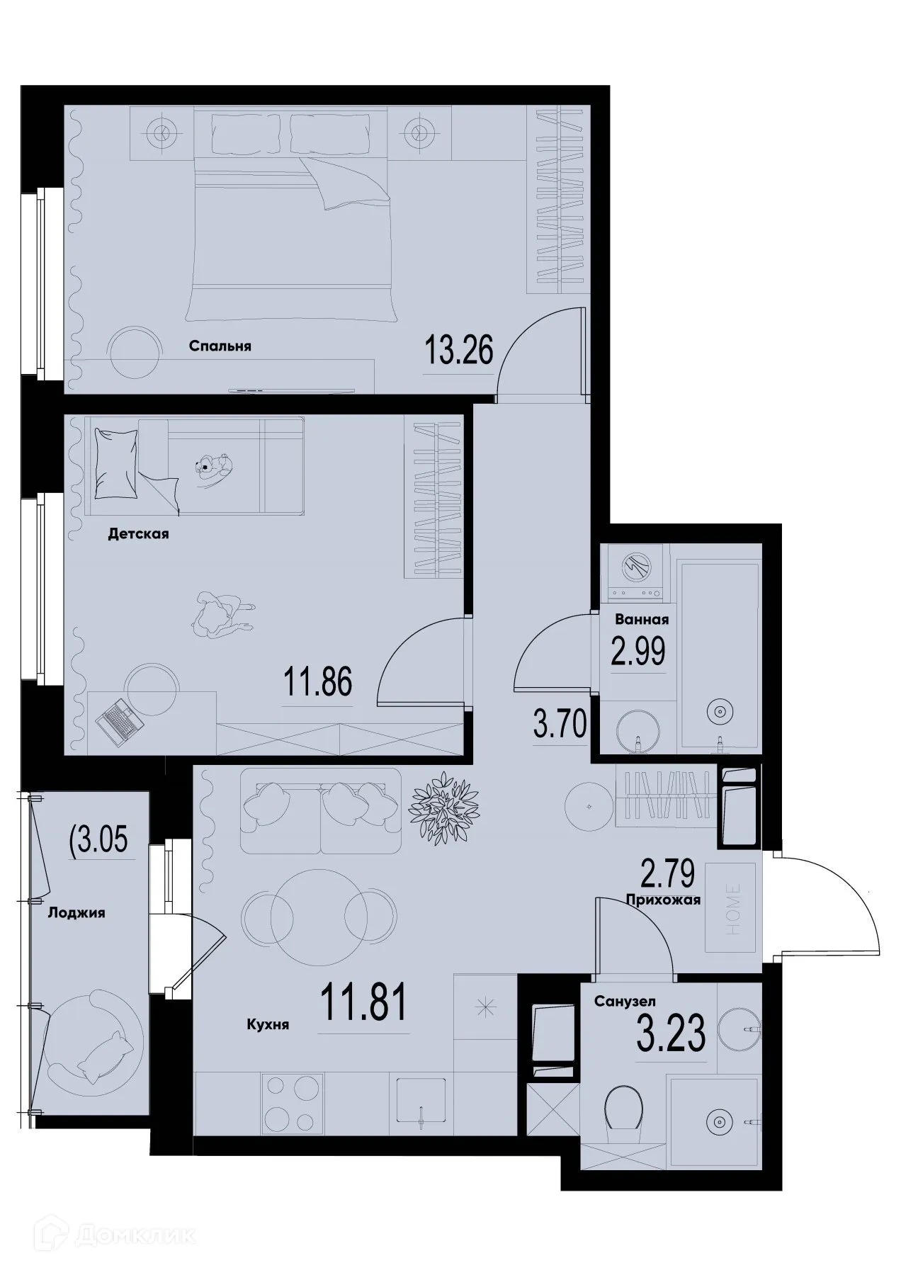 Планировка 2-комнатной квартиры 51.17 м² в ЖК ID Murino III (Ай ди Мурино III), г. Мурино — фото 1