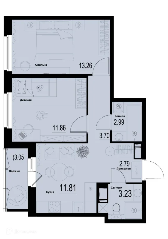 Планировка 2 комн. в ЖК ID Murino III (Ай ди Мурино III)