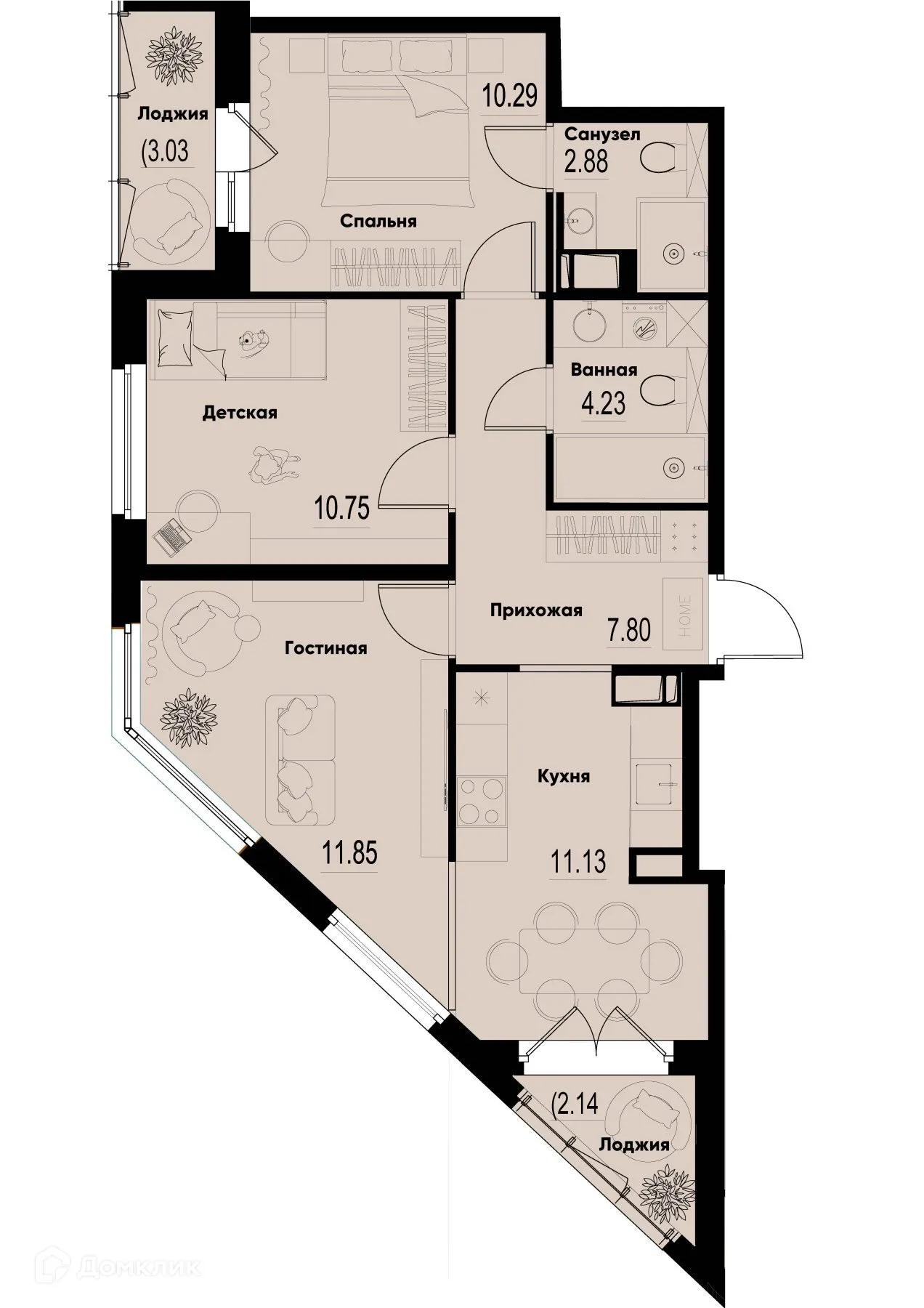 Планировка 3-комнатной квартиры 61.52 м² в ЖК ID Murino III (Ай ди Мурино III), г. Мурино — фото 1