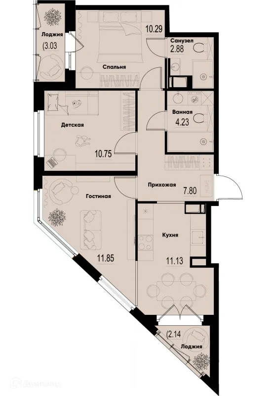 Планировка 3 комн. в ЖК ID Murino III (Ай ди Мурино III)
