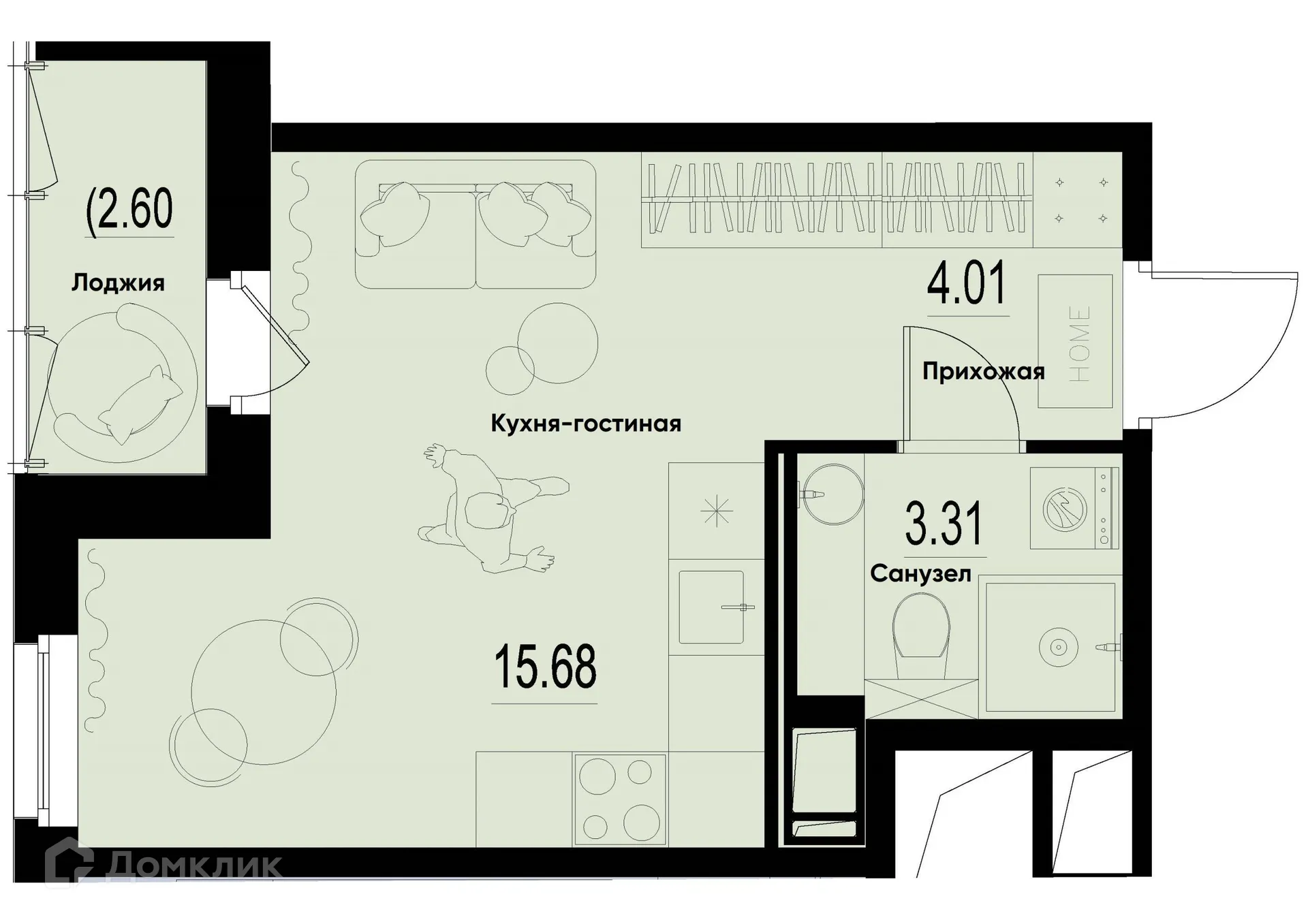 Планировка студии квартиры 24.3 м² в ЖК ID Murino III (Ай ди Мурино III), г. Мурино — фото 1