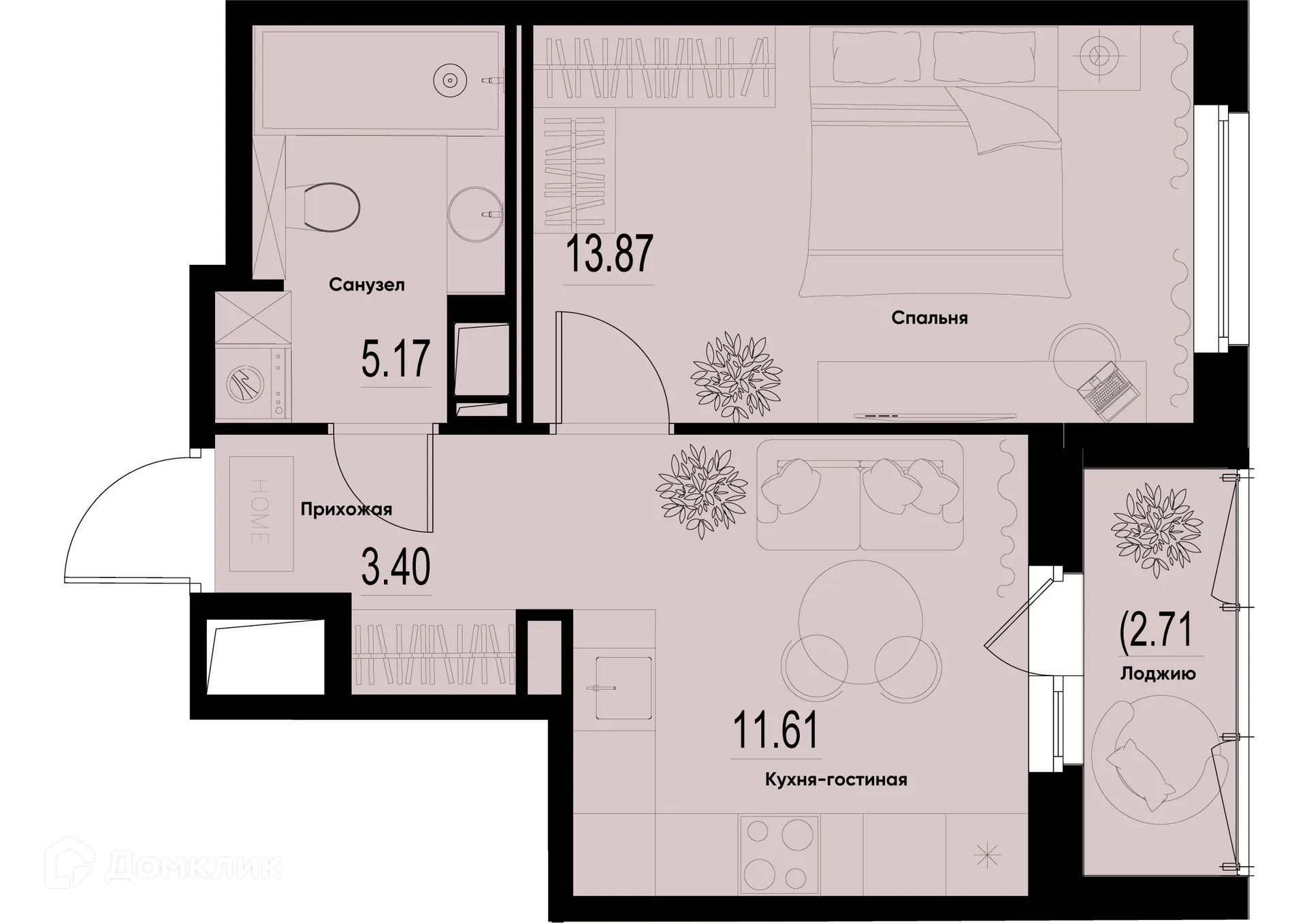 Планировка 1-комнатной квартиры 35.41 м² в ЖК ID Murino III (Ай ди Мурино III), г. Мурино — фото 1