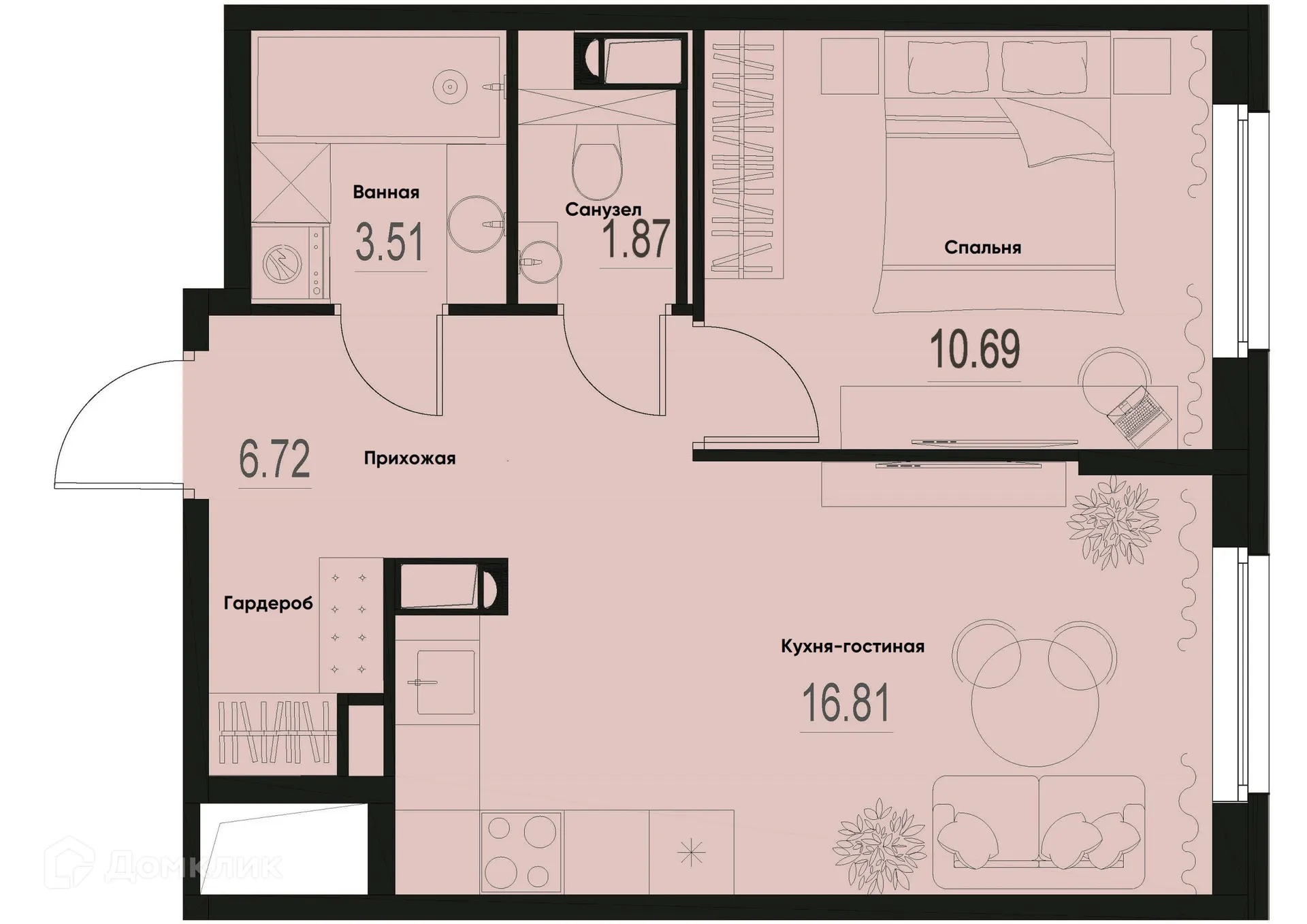 Планировка 1-комнатной квартиры 39.6 м² в ЖК ID Murino III (Ай ди Мурино III), г. Мурино — фото 1