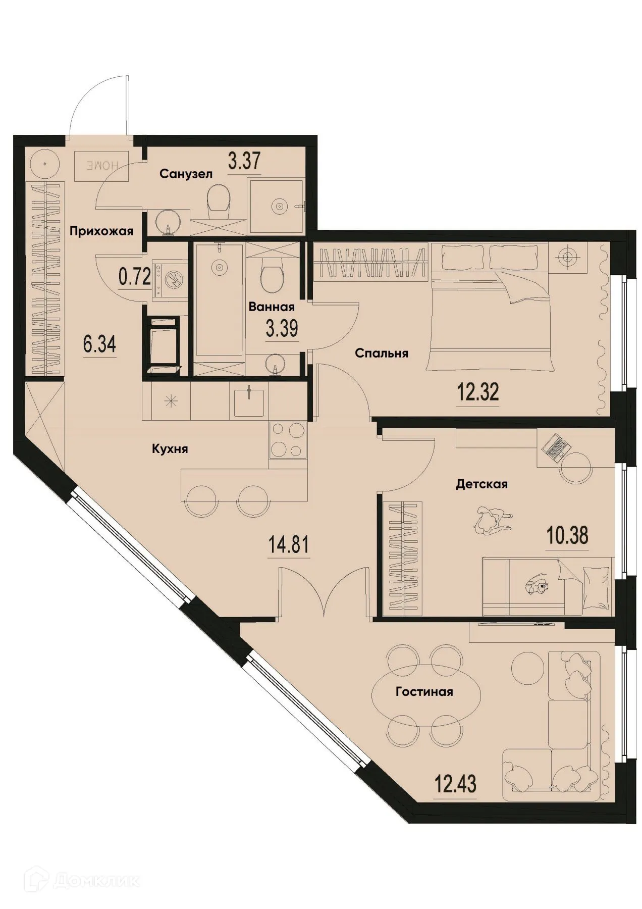 Планировка 3-комнатной квартиры 63.76 м² в ЖК ID Murino III (Ай ди Мурино III), г. Мурино — фото 1