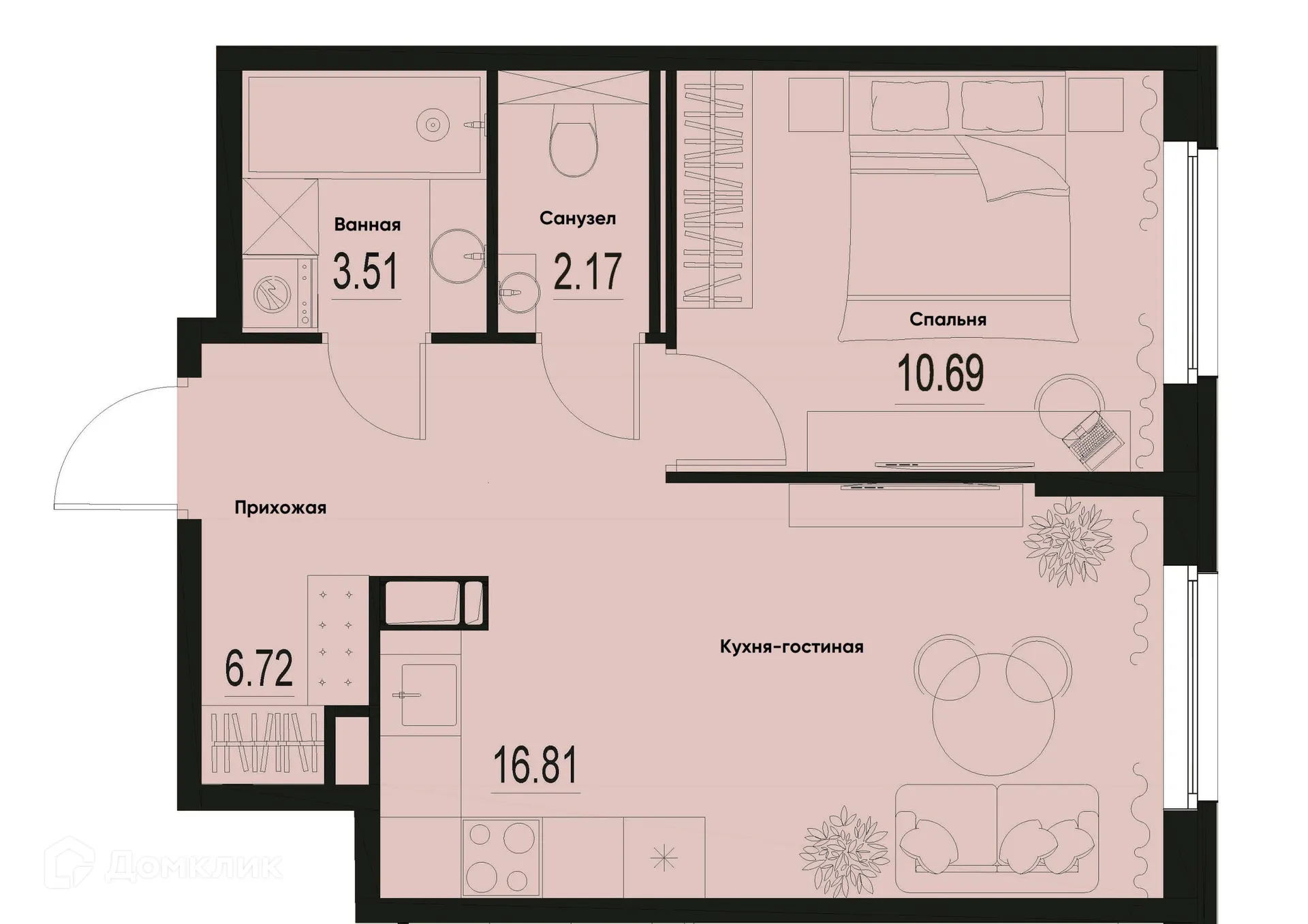 Планировка 1-комнатной квартиры 39.9 м² в ЖК ID Murino III (Ай ди Мурино III), г. Мурино — фото 1