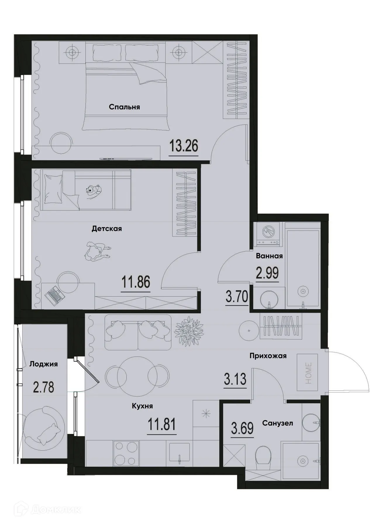 Планировка 2-комнатной квартиры 51.83 м² в ЖК ID Murino III (Ай ди Мурино III), г. Мурино — фото 1