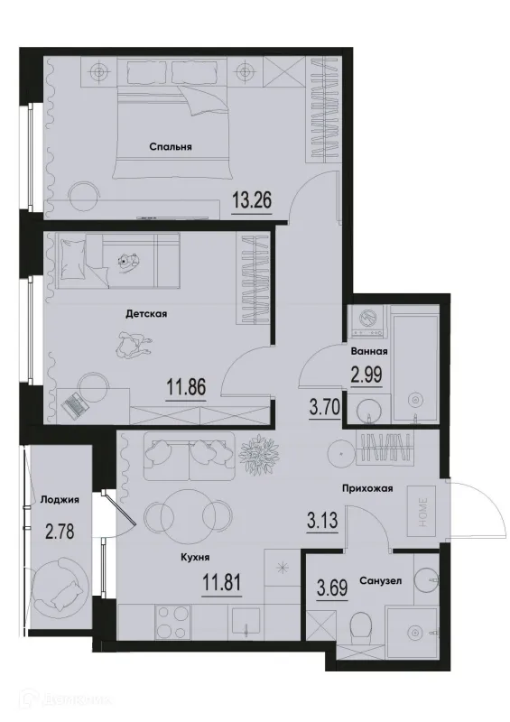 Планировка 2 комн. в ЖК ID Murino III (Ай ди Мурино III)