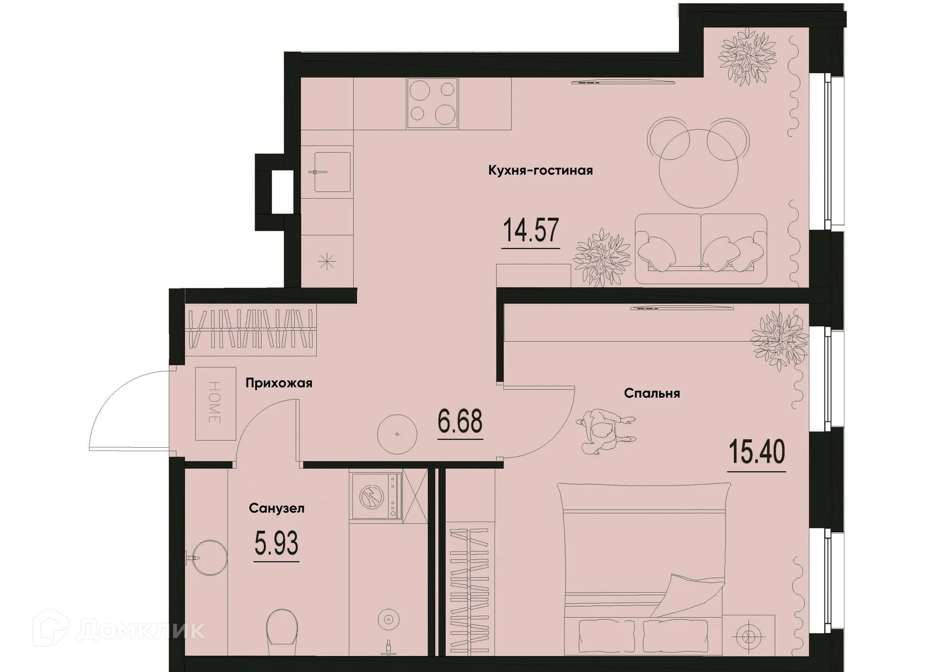 Планировка 1-комнатной квартиры 42.58 м² в ЖК ID Murino III (Ай ди Мурино III), г. Мурино — фото 1