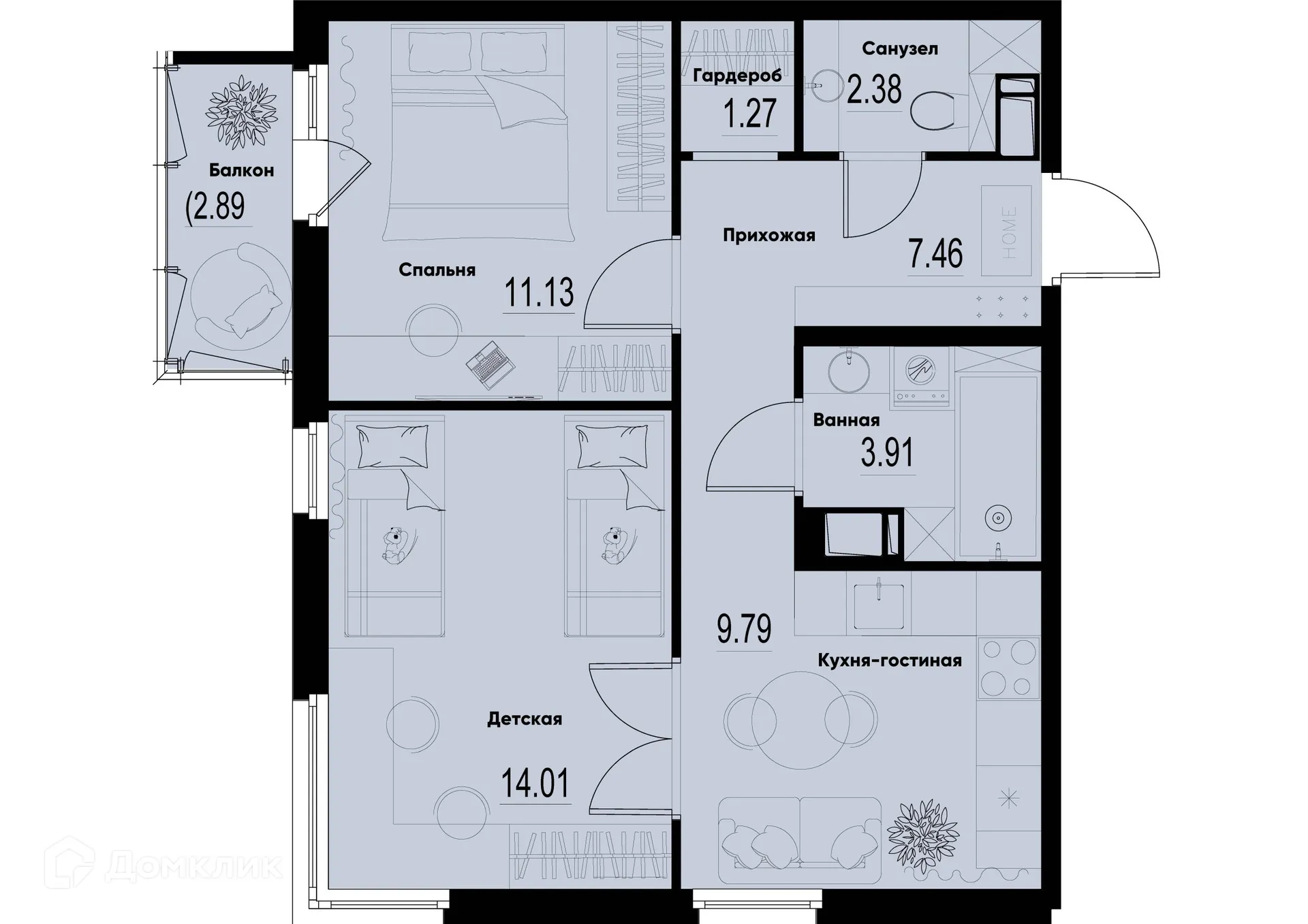 Планировка 2-комнатной квартиры 50.82 м² в ЖК ID Murino III (Ай ди Мурино III), г. Мурино — фото 1