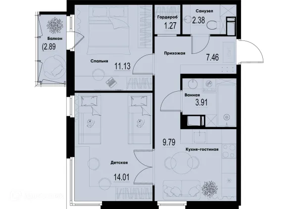 Планировка 2 комн. в ЖК ID Murino III (Ай ди Мурино III)