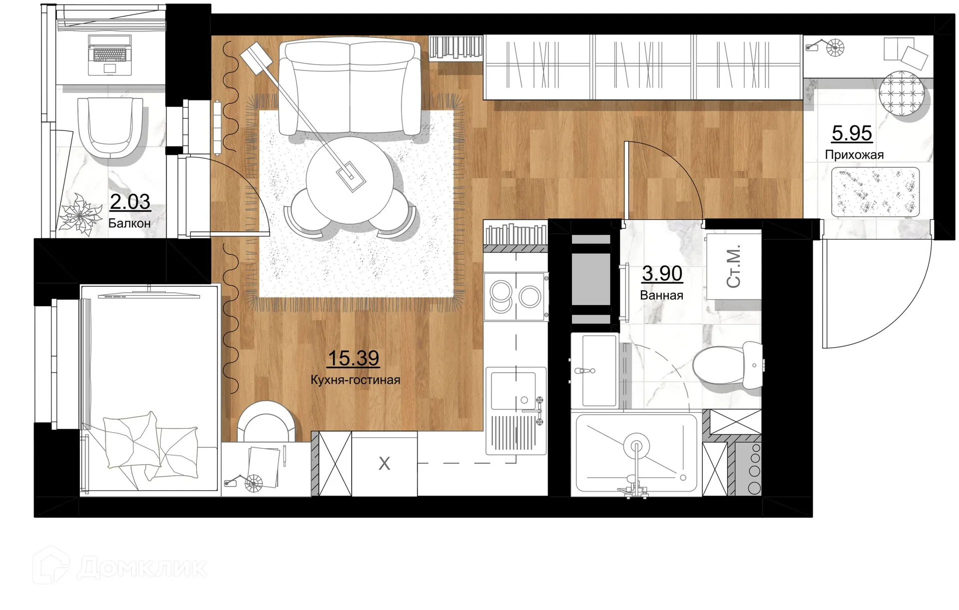 Планировка студии квартиры 26.26 м² в ЖК ID Murino III (Ай ди Мурино III), г. Мурино — фото 1