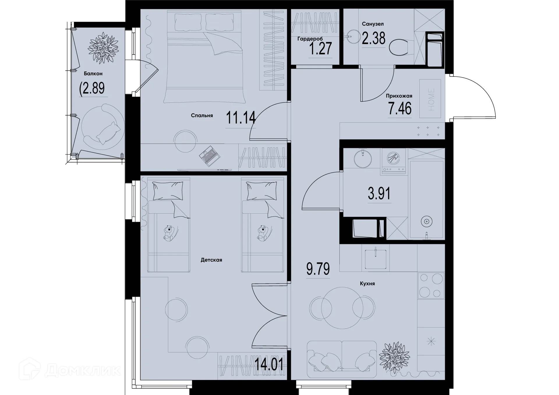 Планировка 2-комнатной квартиры 50.83 м² в ЖК ID Murino III (Ай ди Мурино III), г. Мурино — фото 1