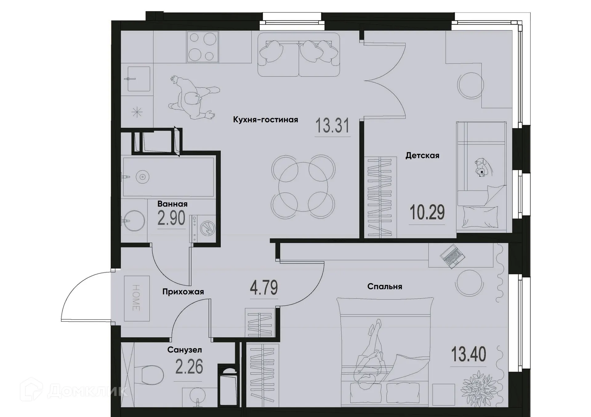 Планировка 2-комнатной квартиры 46.95 м² в ЖК ID Murino III (Ай ди Мурино III), г. Мурино — фото 1