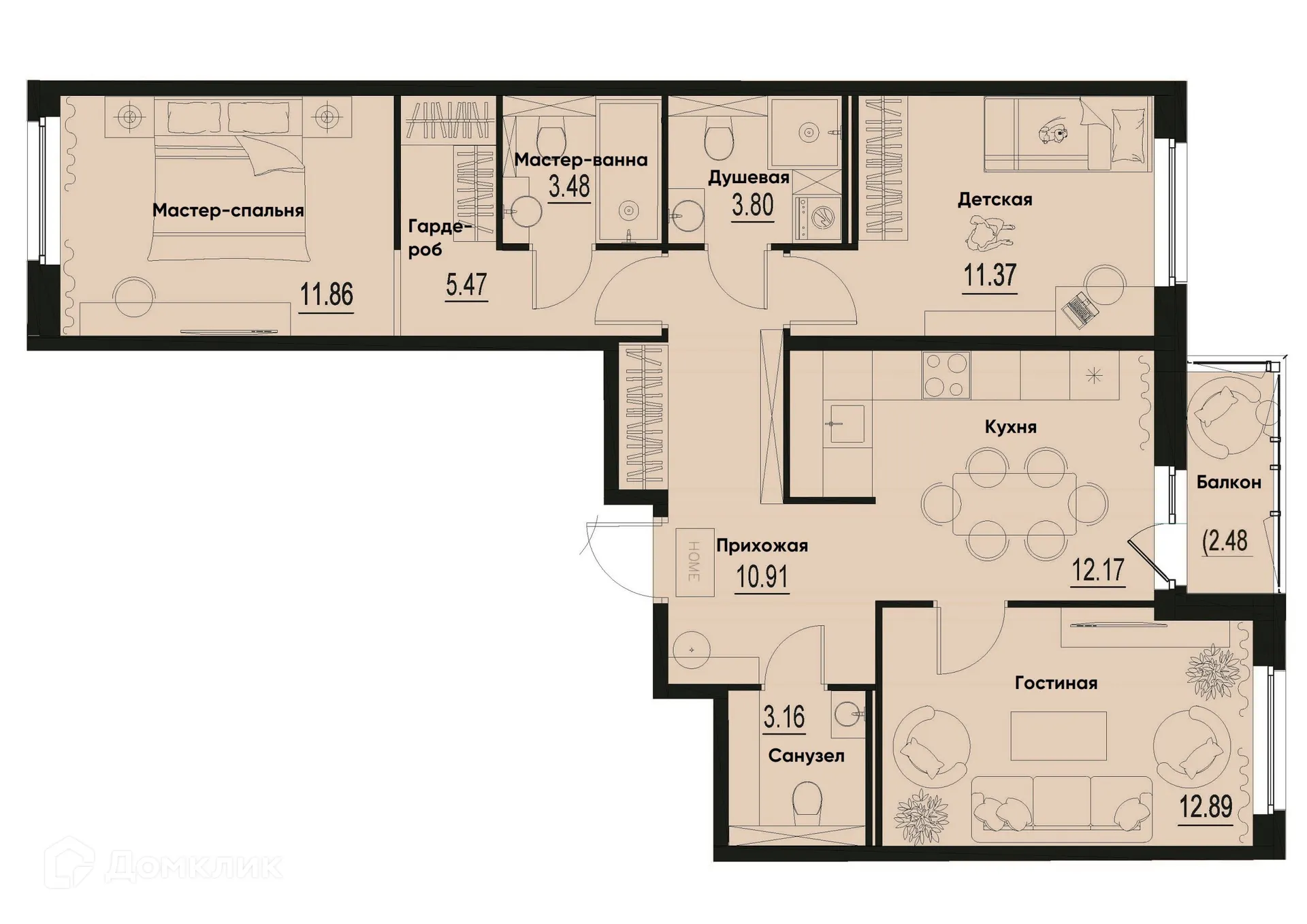 Планировка 3-комнатной квартиры 76.35 м² в ЖК ID Murino III (Ай ди Мурино III), г. Мурино — фото 1