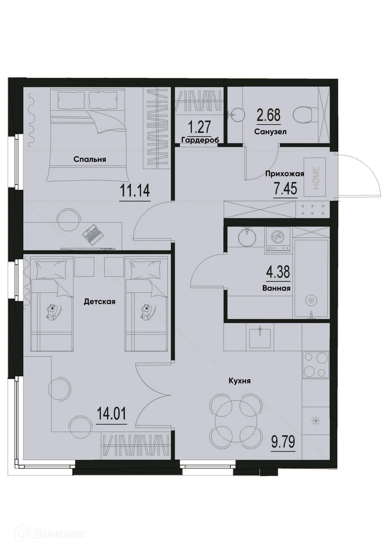 Планировка 2-комнатной квартиры 50.72 м² в ЖК ID Murino III (Ай ди Мурино III), г. Мурино — фото 1