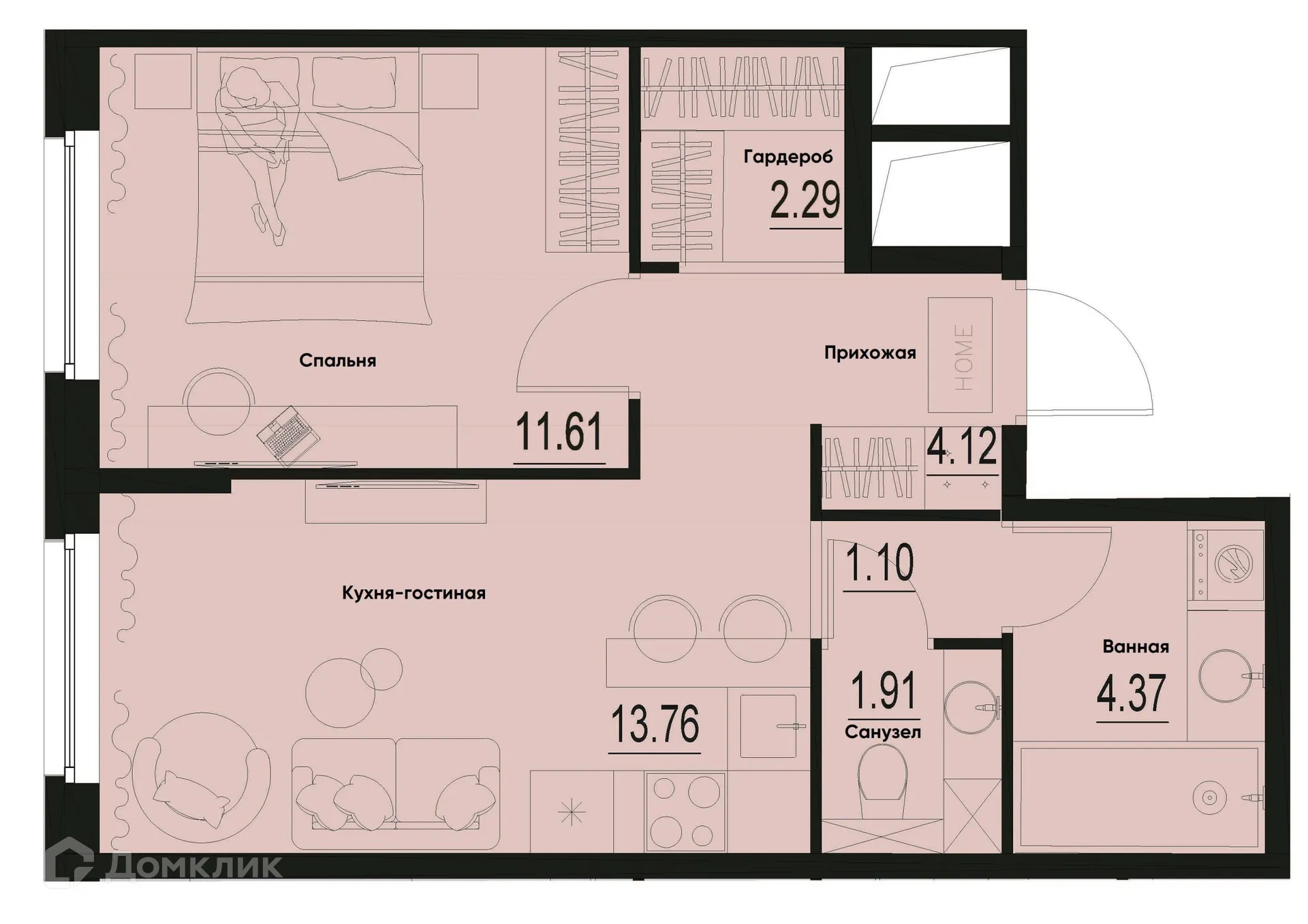 Планировка 1-комнатной квартиры 39.16 м² в ЖК ID Murino III (Ай ди Мурино III), г. Мурино — фото 1