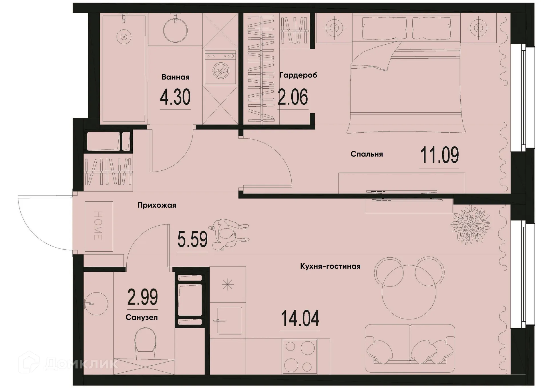 Планировка 1-комнатной квартиры 40.07 м² в ЖК ID Murino III (Ай ди Мурино III), г. Мурино — фото 1