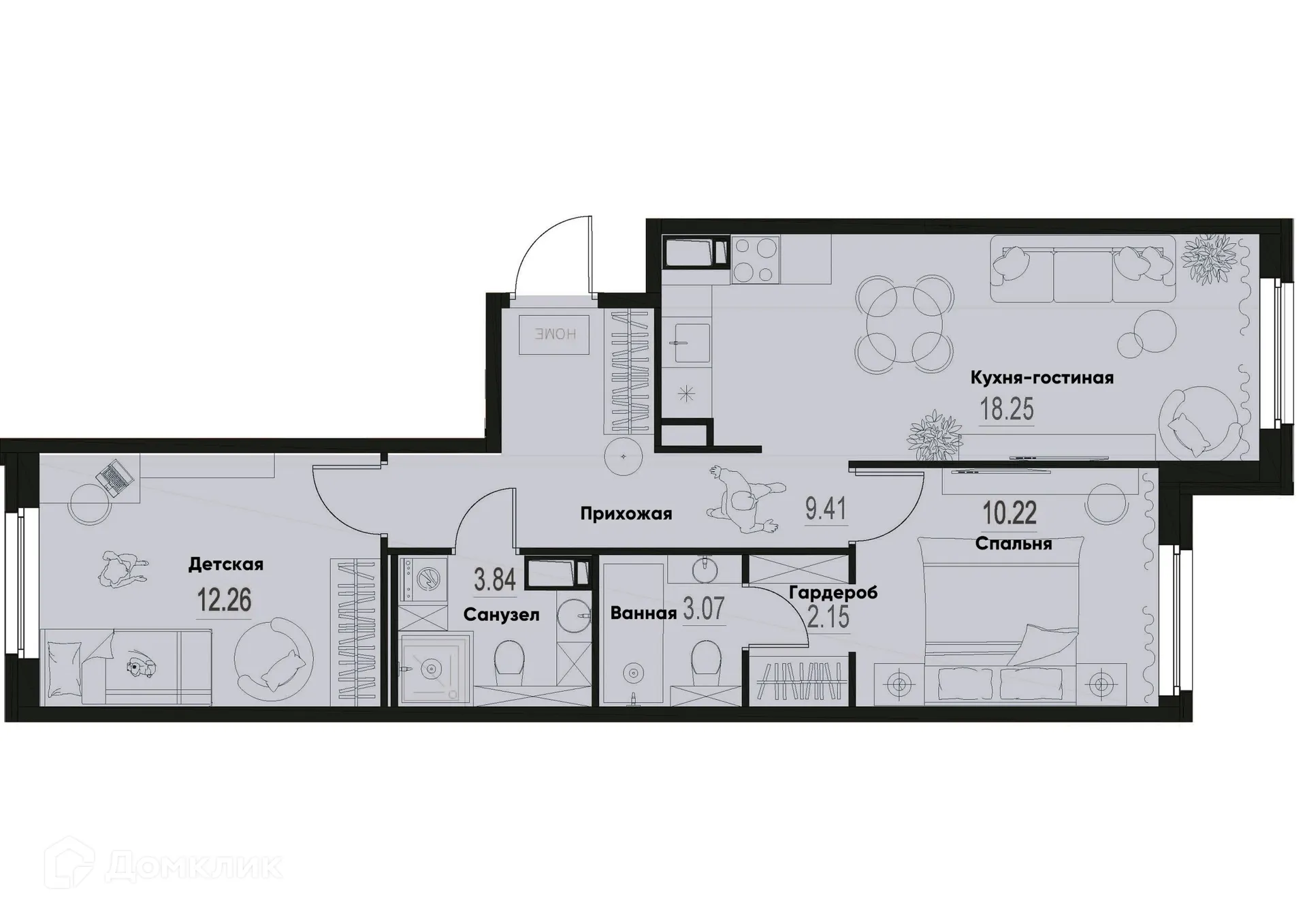 Планировка 2-комнатной квартиры 59.2 м² в ЖК ID Murino III (Ай ди Мурино III), г. Мурино — фото 1
