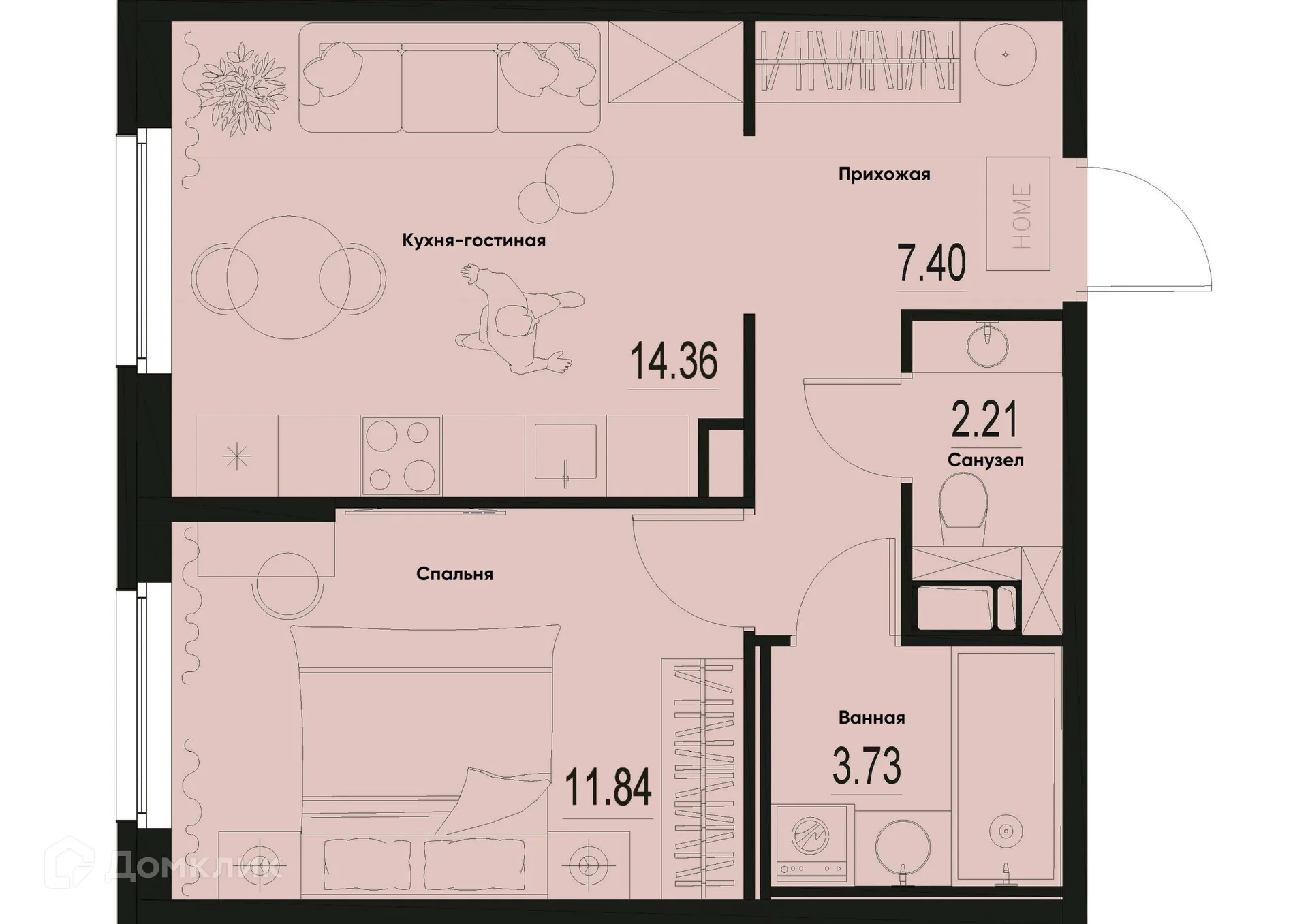 Планировка 1-комнатной квартиры 39.54 м² в ЖК ID Murino III (Ай ди Мурино III), г. Мурино — фото 1