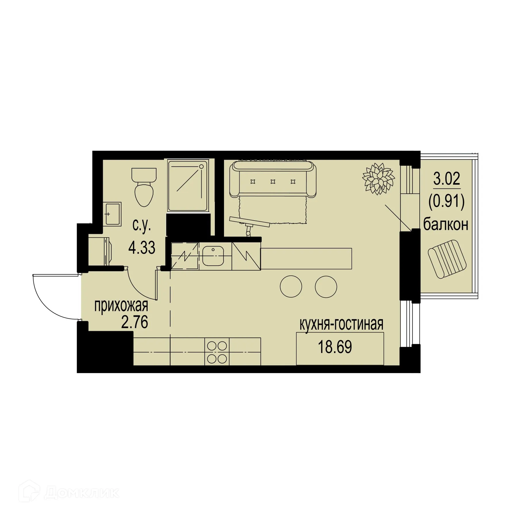 Планировка студии квартиры 26.69 м² в ЖК ID Murino III (Ай ди Мурино III), г. Мурино — фото 1