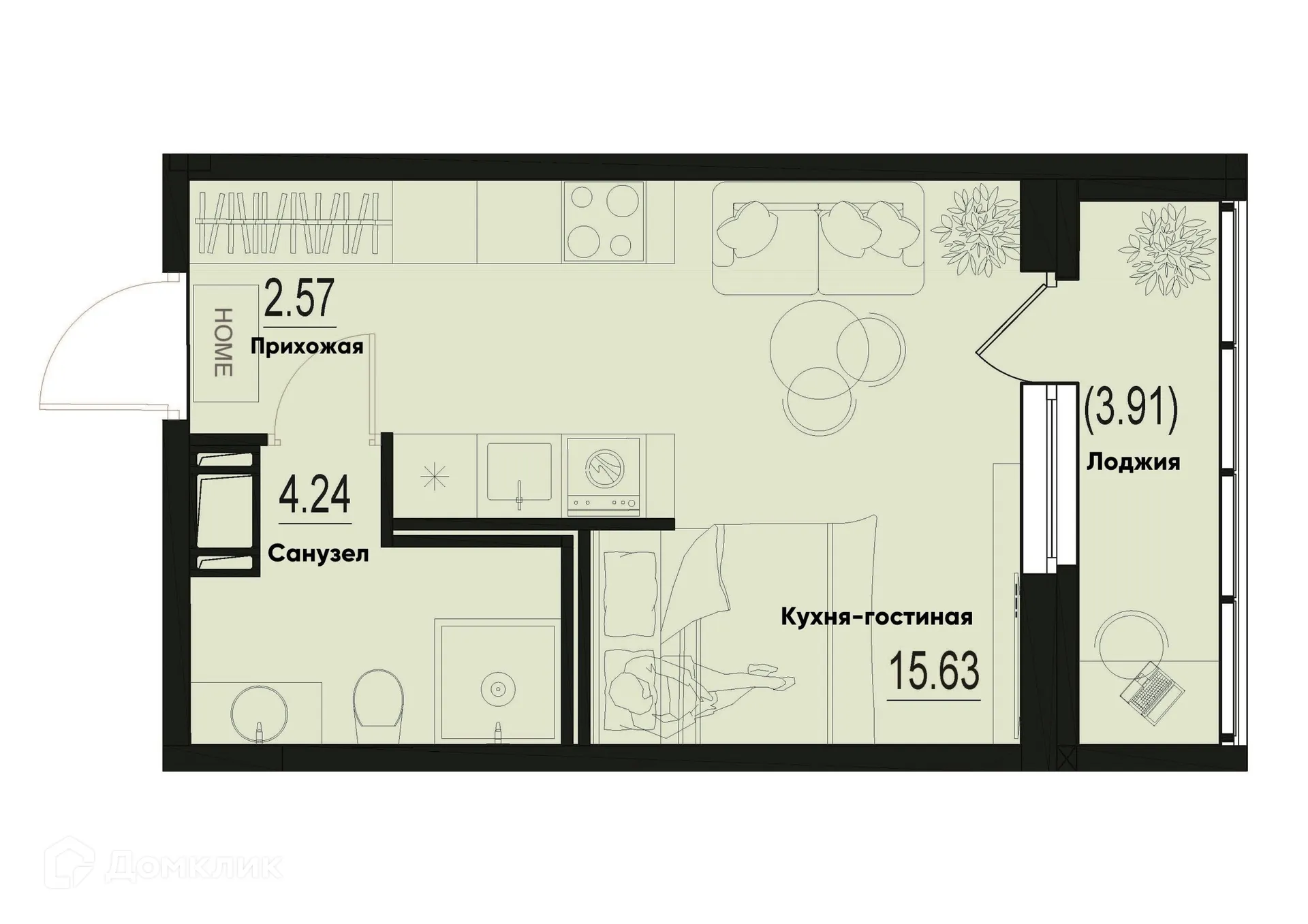 Планировка студии квартиры 24.39 м² в ЖК ID Murino III (Ай ди Мурино III), г. Мурино — фото 1