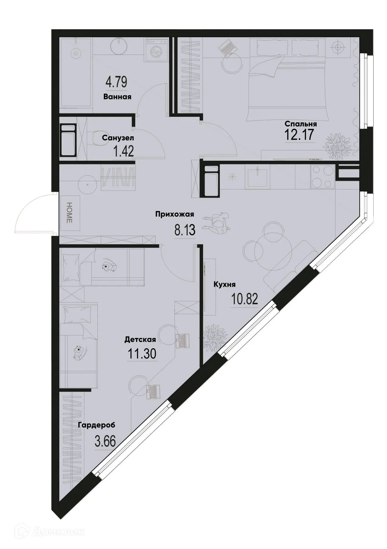 Планировка 2-комнатной квартиры 52.29 м² в ЖК ID Murino III (Ай ди Мурино III), г. Мурино — фото 1