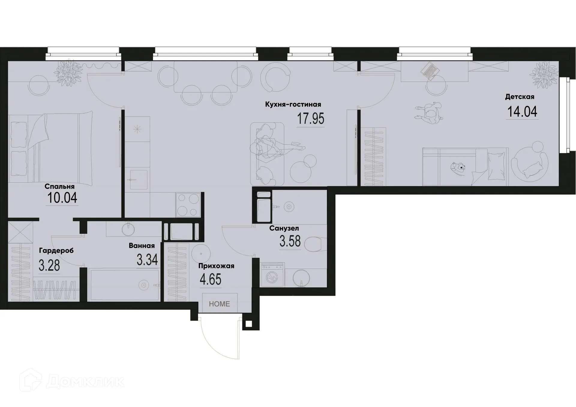 Планировка 2-комнатной квартиры 56.88 м² в ЖК ID Murino III (Ай ди Мурино III), г. Мурино — фото 1