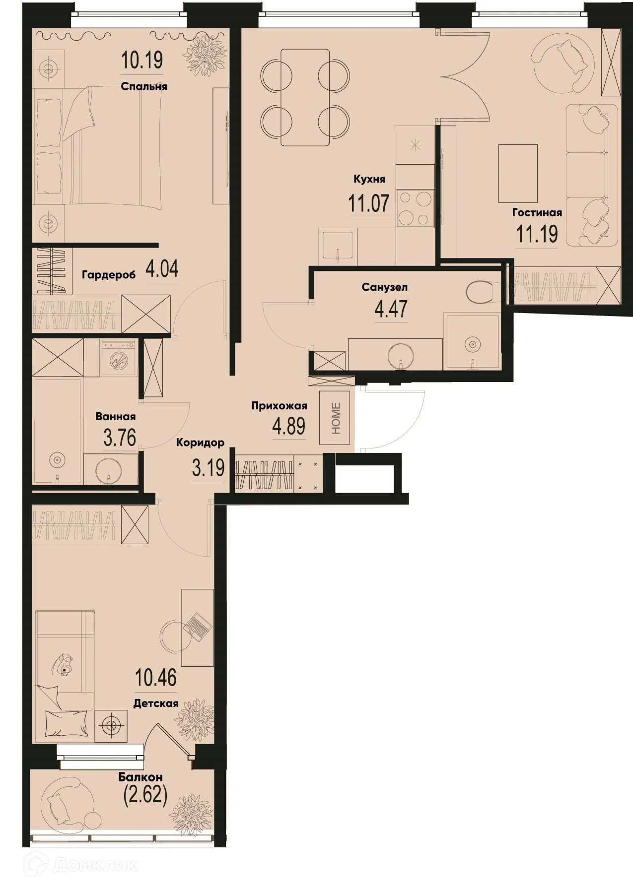 Планировка 3-комнатной квартиры 64.05 м² в ЖК ID Murino III (Ай ди Мурино III), г. Мурино — фото 1