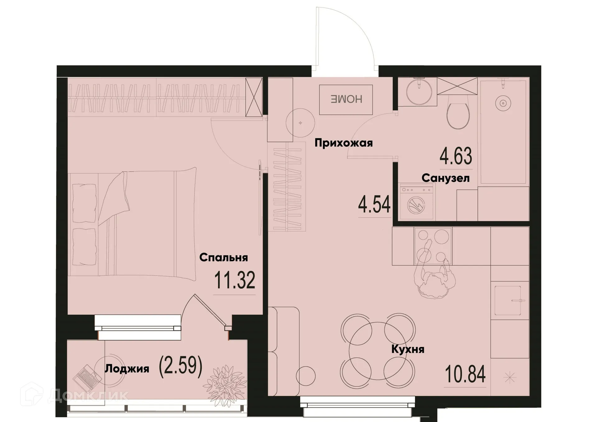 Планировка 1-комнатной квартиры 32.62 м² в ЖК ID Murino III (Ай ди Мурино III), г. Мурино — фото 1