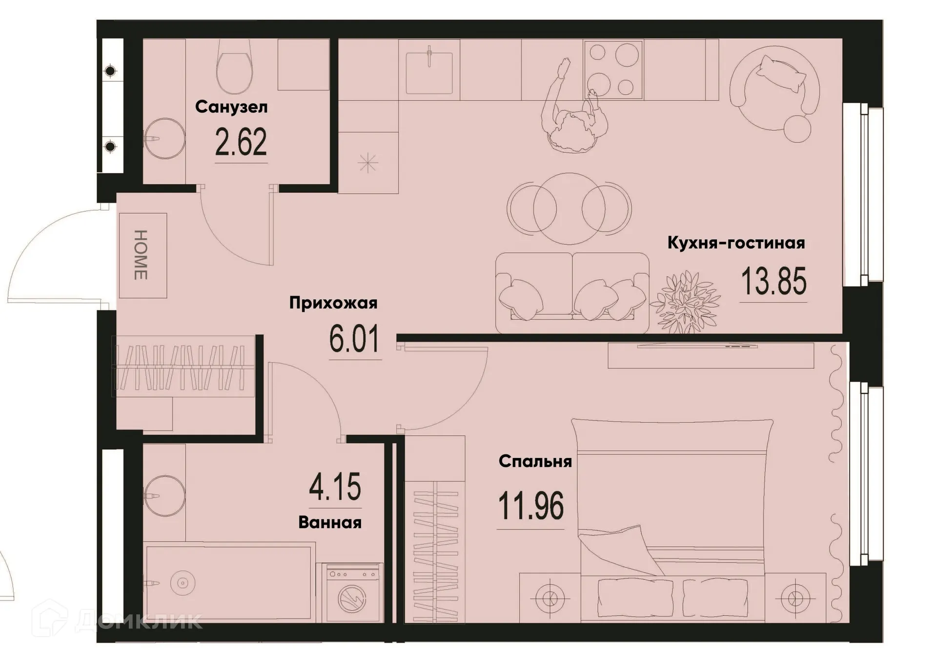 Планировка 1-комнатной квартиры 38.59 м² в ЖК ID Murino III (Ай ди Мурино III), г. Мурино — фото 1