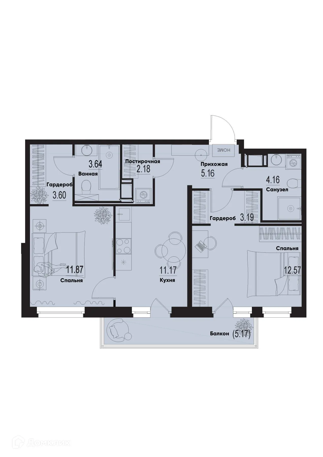 Планировка 2-комнатной квартиры 59.09 м² в ЖК ID Murino III (Ай ди Мурино III), г. Мурино — фото 1