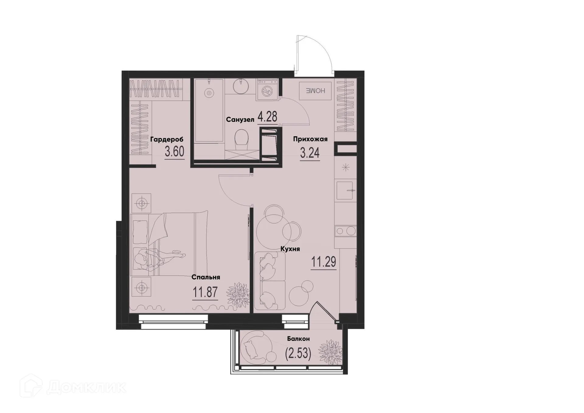 Планировка 1-комнатной квартиры 35.04 м² в ЖК ID Murino III (Ай ди Мурино III), г. Мурино — фото 1